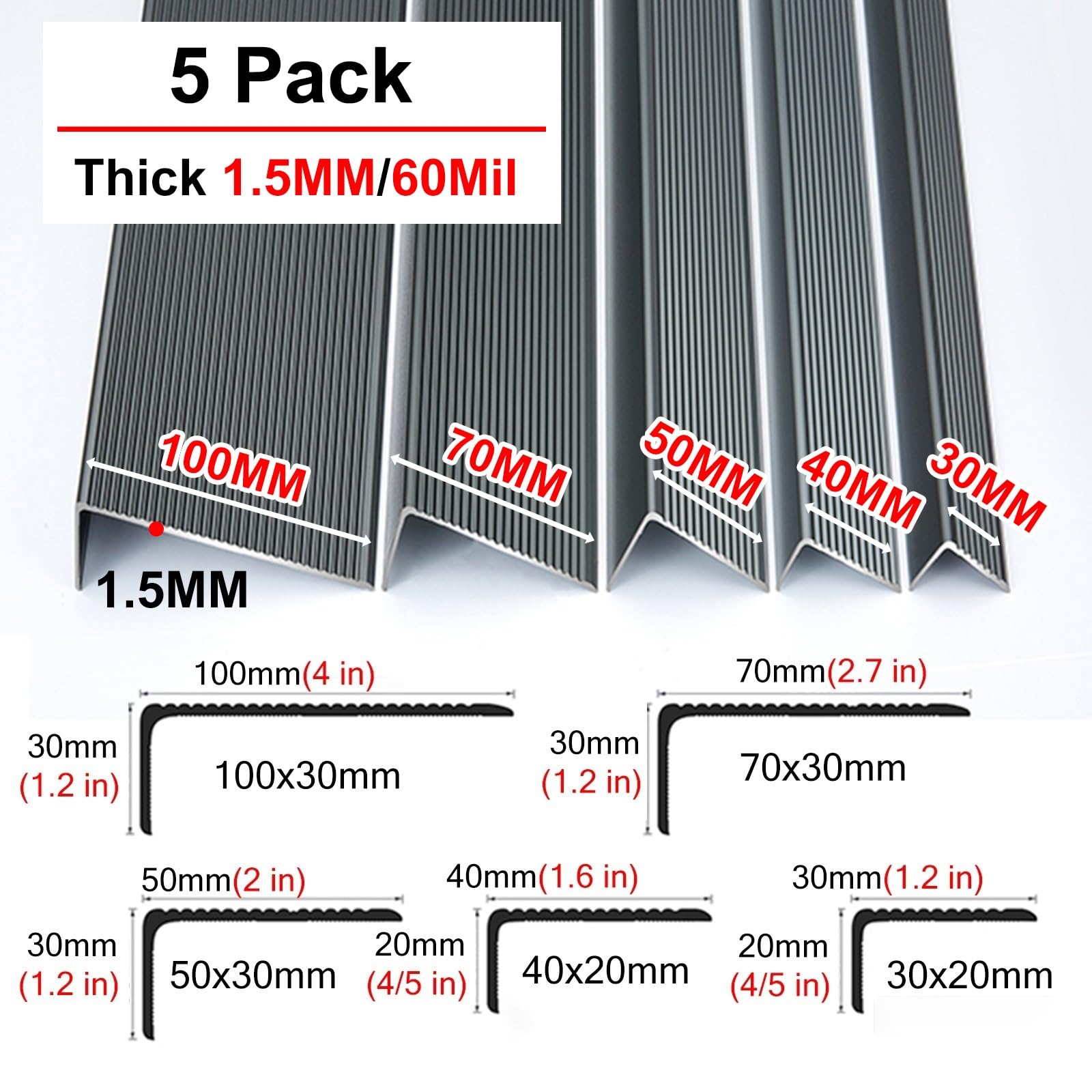 Goldene Treppenkantenkante, 5 Stück, robuste Aluminium-Bordüre, rutschfest, für Laminatböden, 5,1 cm breit x 111,8 cm lang, wasserdichter Trittschutz für den Innen- und Außenbereich