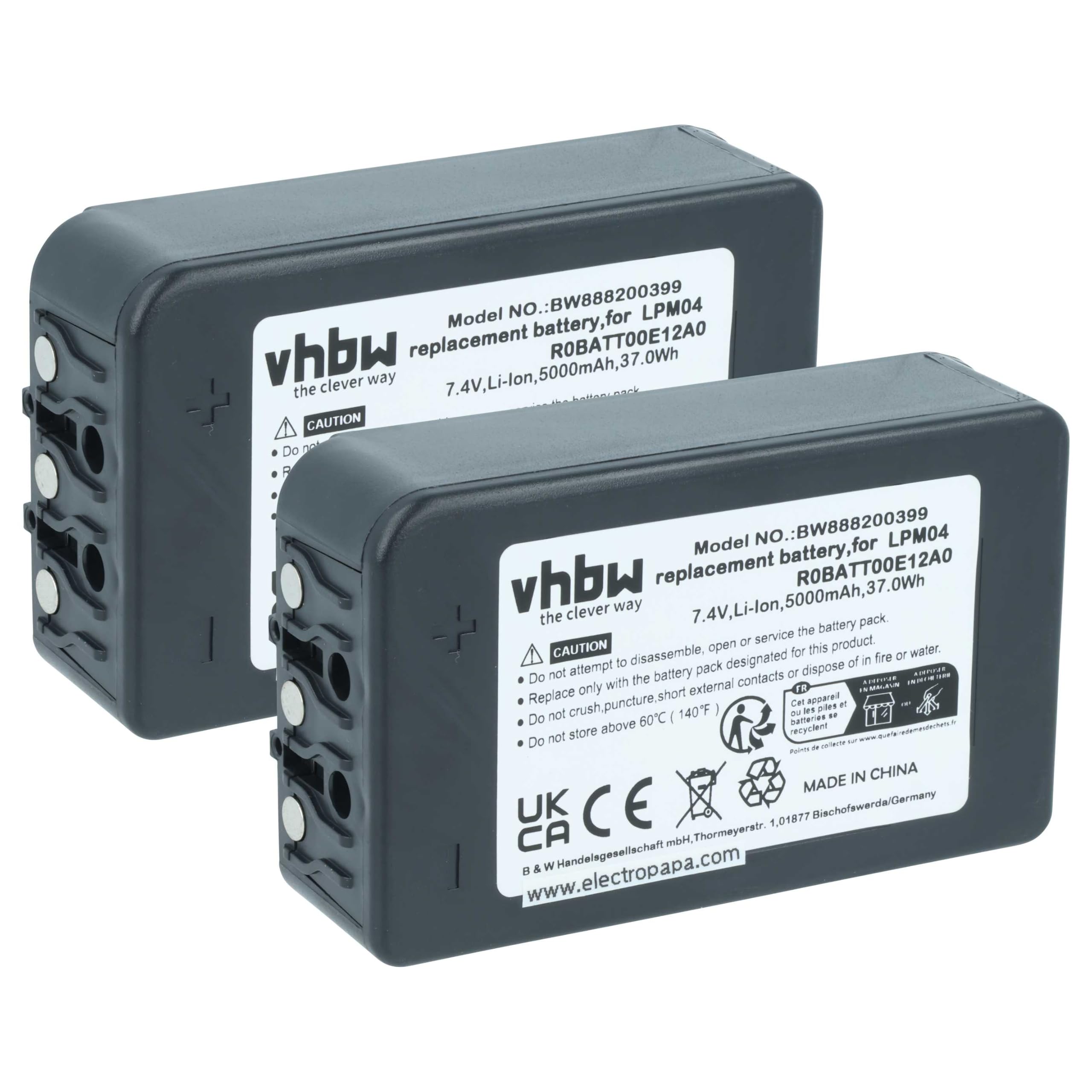 vhbw 2X batería reemplaza Autec R0BATT00E12A0, LPM04 para Mando a Distancia Industrial (5000 mAh, 7,4 V, Li-Poli) - Negro