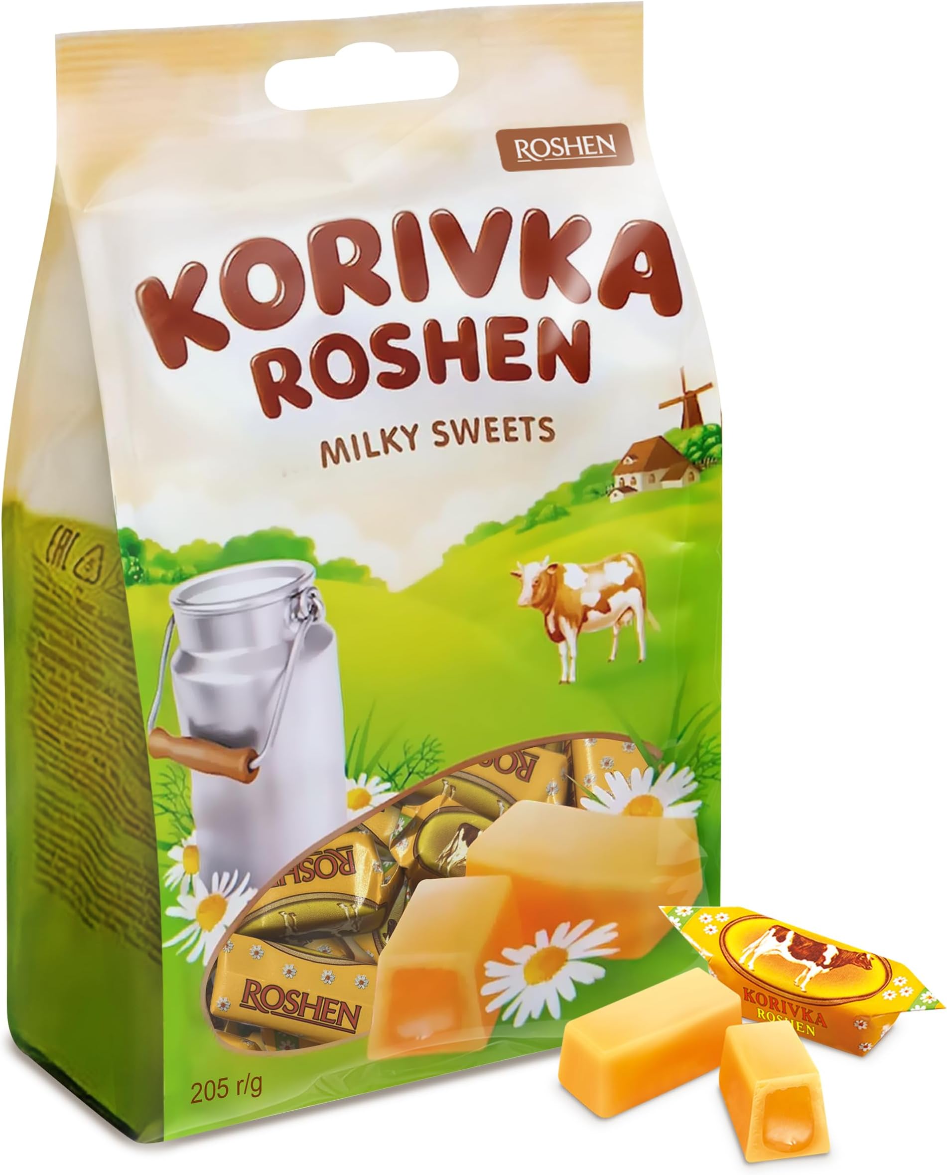 Korivka Milk Fudge Candy, 7.23oz (205g), Approx. 14 Pieces, Ukrainian Non-Glazed Dairy Fudge with Sugary Crust & Creamy Liquid Filling, Individually Wrapped - Pack of 1