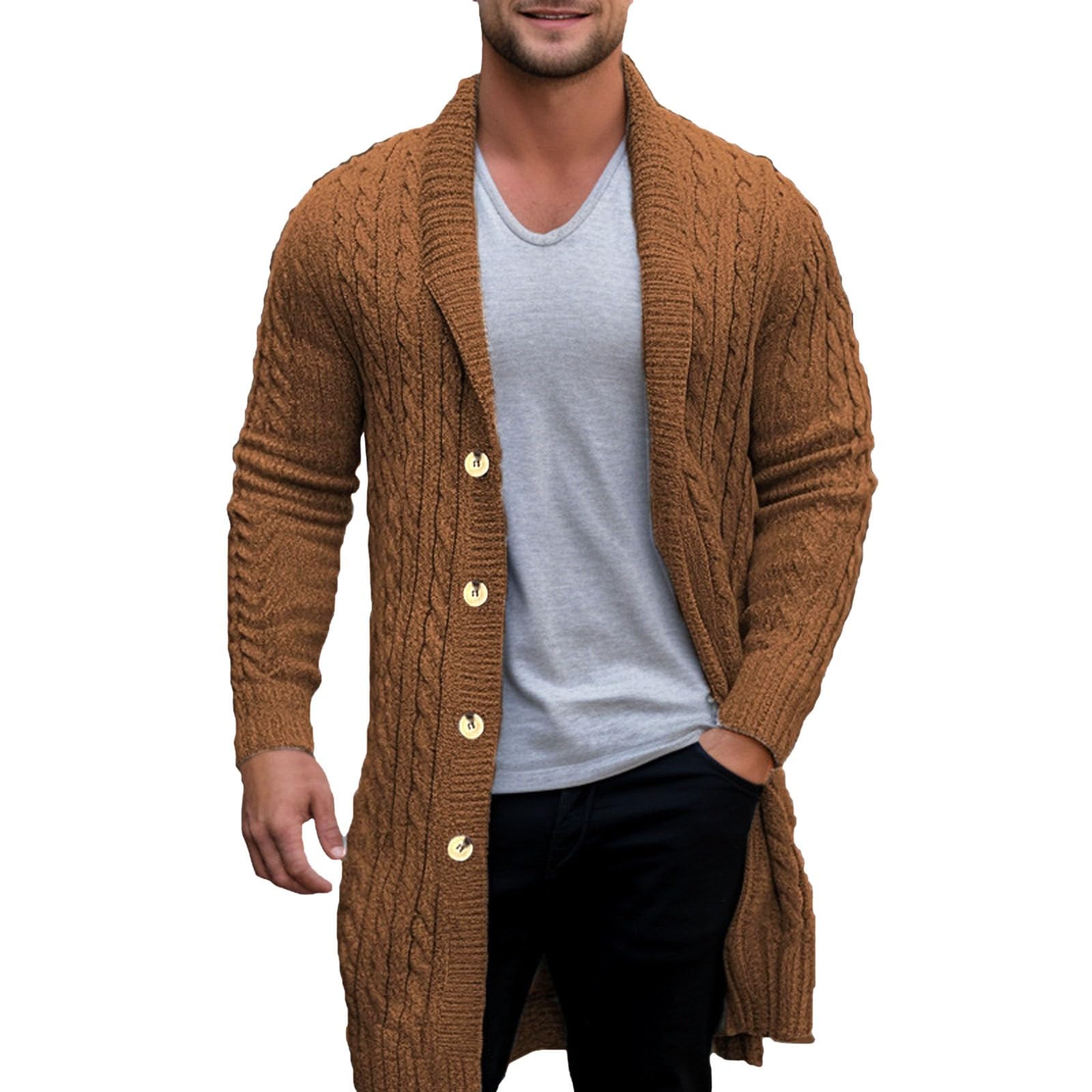 Generisch Cardigan da uomo, lungo, invernale, con bottoni e risvolto, in tinta unita, motivo a treccia, slim fit, cardigan, per le mezze stagioni, per il tempo libero, versatile