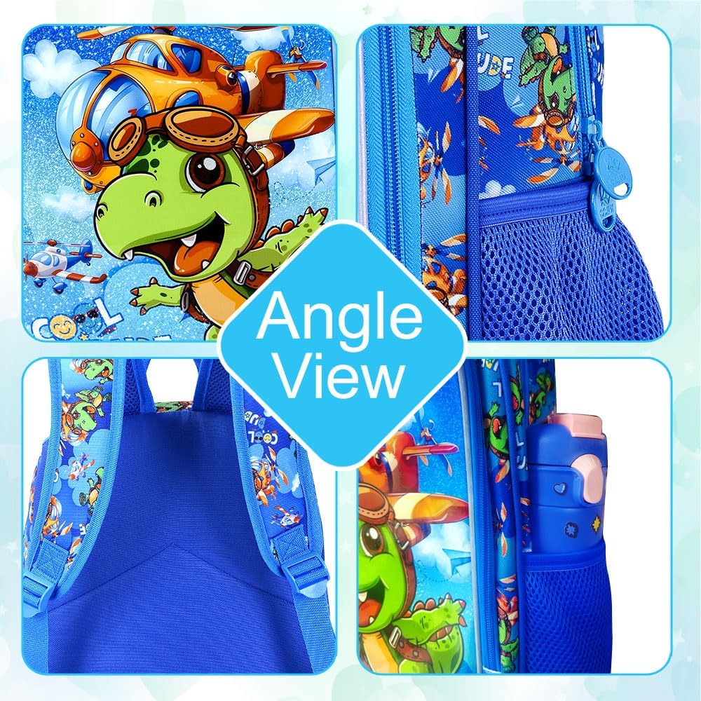 gxtvo 3PCS Boys Dinosaur Backpack, 16" Kids Airplane Bookbag with Lunch Box, Water Resistant Elementary Preschool Toddler School Bag