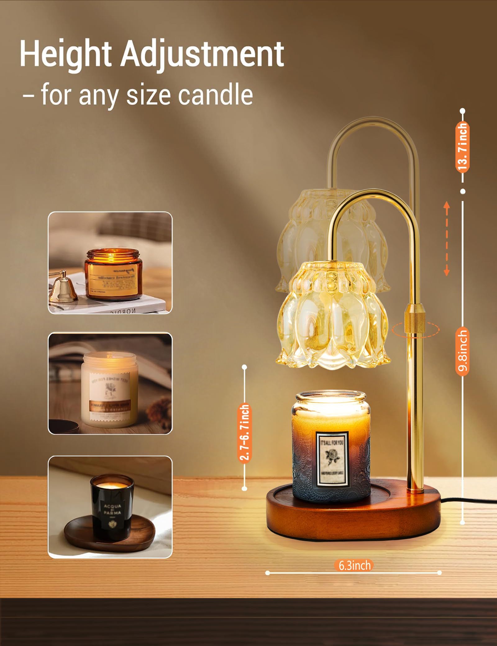 Wahomere Flower Candle Warmer Lamp with Timer, Dimmable & Height Adjustable – Compatible with Jar Candles, Vintage Design – Ideal as Unique Warming Gifts and for Home Decor Aesthetic (Champaign Gold)