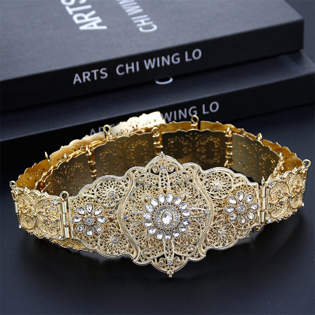 LNNSHX Cinturón marroquí de Color Dorado para Mujer, Cadena de Cintura de Metal de Cristal, cinturón del Cáucaso de Longitud Ajustable