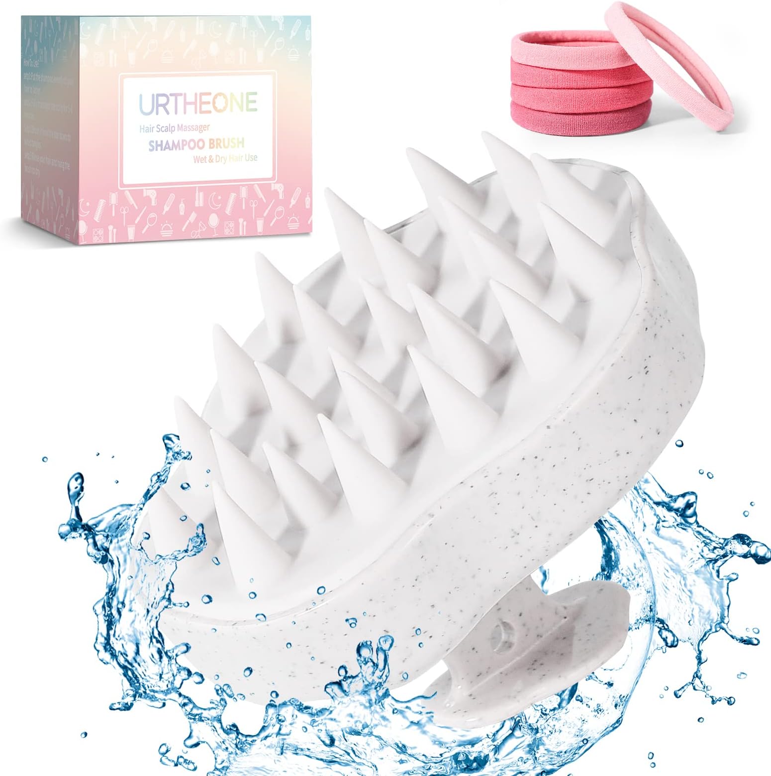 URTHEONE Scalp Massager Shampoo Brush, Hair Scalp Scrubber Head Massager with Soft Silicone Bristles for Women Men Kids Pets Shower and Hair Growth(Beige) Includes 5 Pcs Hair Ties