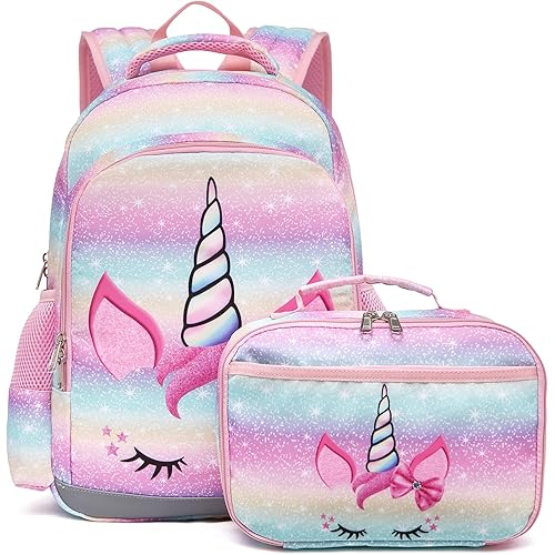 Octsky Backpack for Girls, Kids backpacks Preschool Kindergarten Bookbag Cute Lightweight With Chest Strap and Lunchbox (Unicorn)