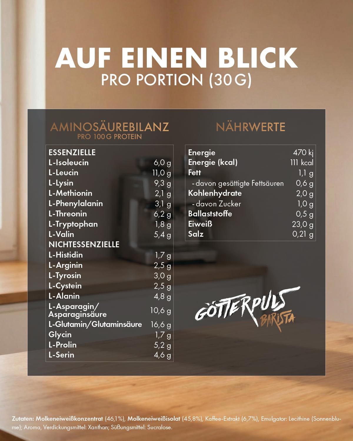 Götterpuls Barista Protein Iced Coffee 600g Pulver Classic Coffee | Mit 23g Eiweiß & 80mg Koffein – Mit echtem Kaffee-Extrakt – Whey Protein Isolat & Konzentrat – 20 Portionen
