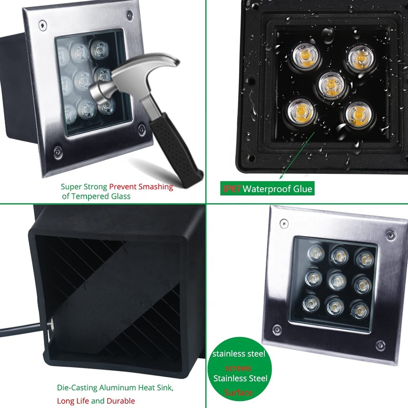 4PCS Foco Impermeable - Foco LED Empotrable En El Suelo, Proyector De Tierra Impermeable IP67, AC85-265V Foco Empotrable De Suelo LED Cuadrado Para Exteriores, Material De Acero Inoxidable(Blue Light,