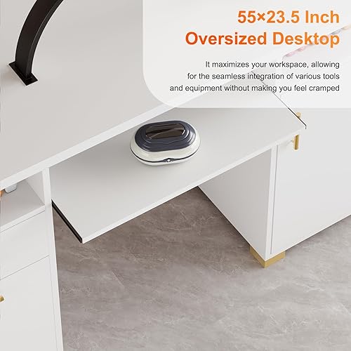 Vista 5 de Escritorio de uñas blanco para tecnología de uñas, mesa de manicura con 2 cajones y gabinete, mesa de uñas de 55 pulgadas con estante ajustable