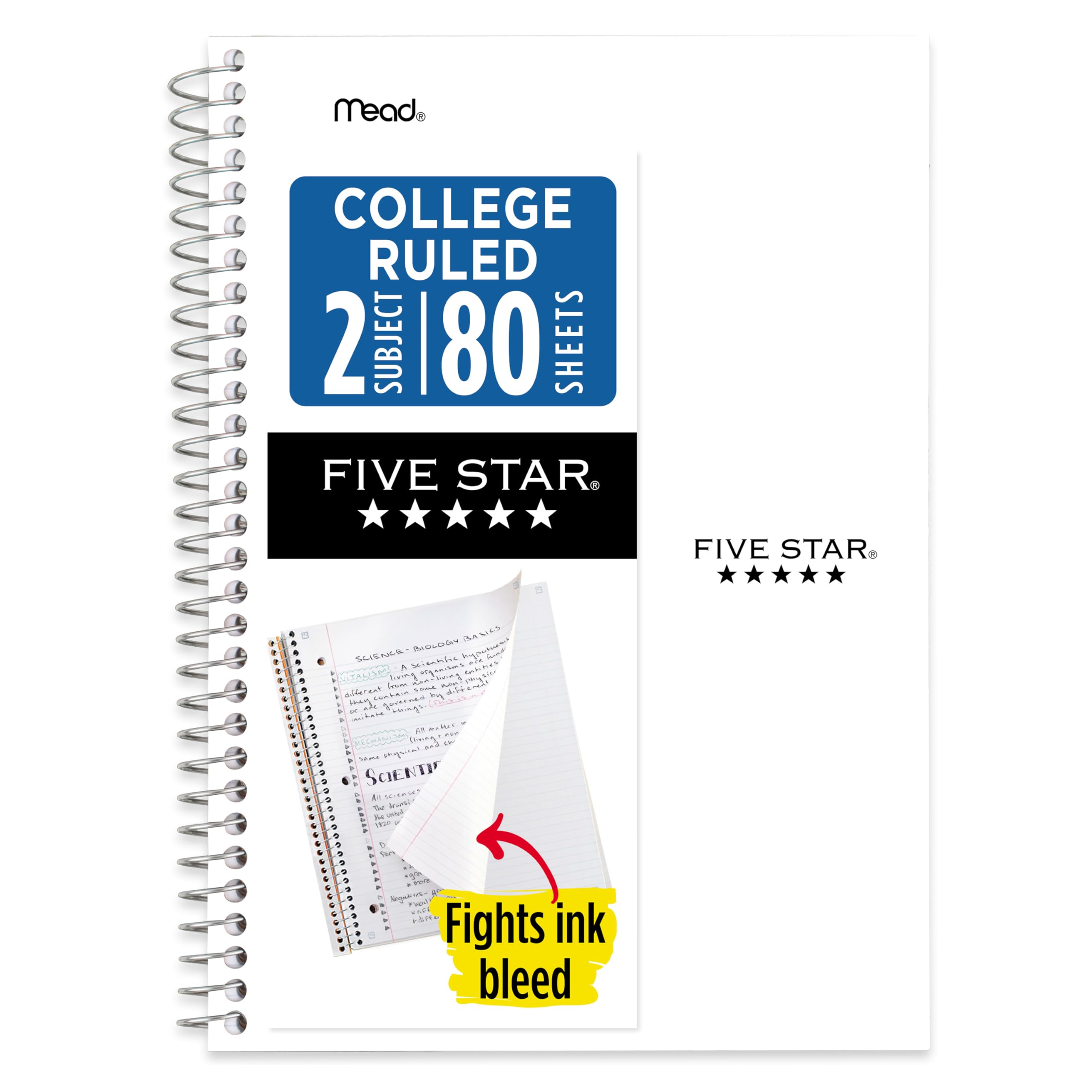 Five Star Spiral Notebook, 2 Subject, College Ruled Paper, 6" x 9-1/2", 80 Sheets, Fights Ink Bleed, Water Resistant Cover, White (840029E)