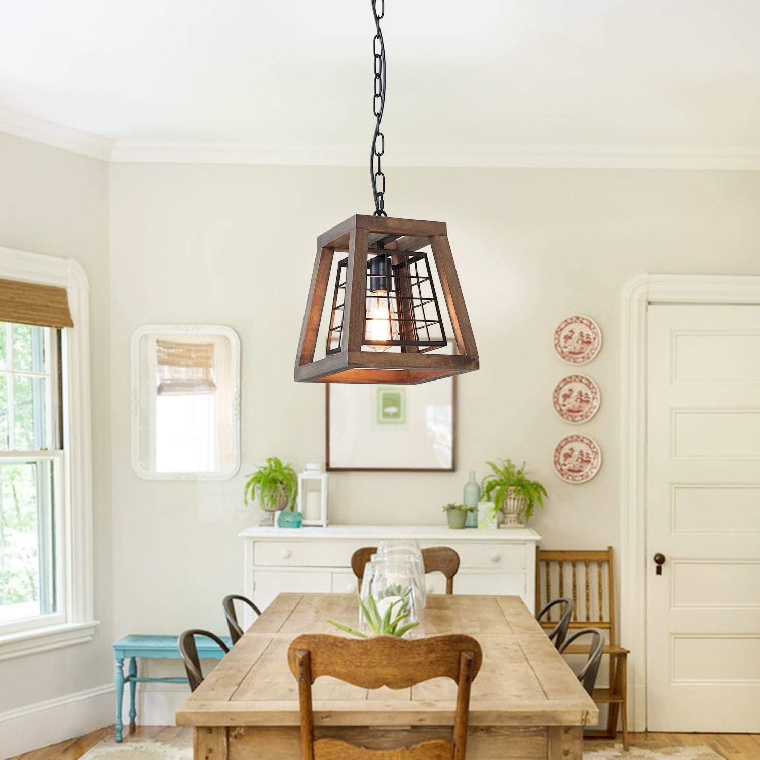Super Brands Eumyviv 1 Light Rustic Wood Pendant Light with Cage, 9.8 Retro Industrial Farmhouse Chandelier Vintage Edison Ceiling Island Lighting Fixture, Brown Wood & Black Metal(P0044)