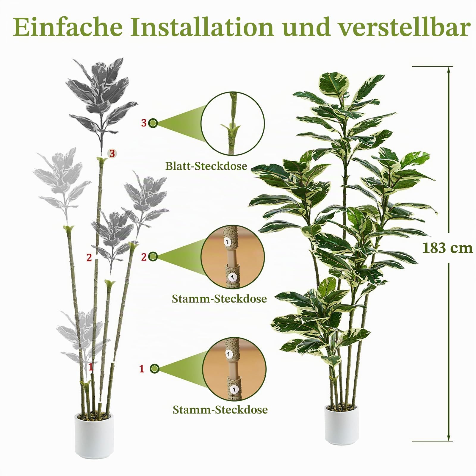 Künstliche Gummibaumpflanze, 180cm Kunstpflanzen Groß mit Weißen Topf | Künstliche Pflanzen Wie Echt, Zimmerpflanze Kunstbaum, Hohe Plastic Ficus für Wohnzimmer Schlafzimmer Büro Balkony Deko