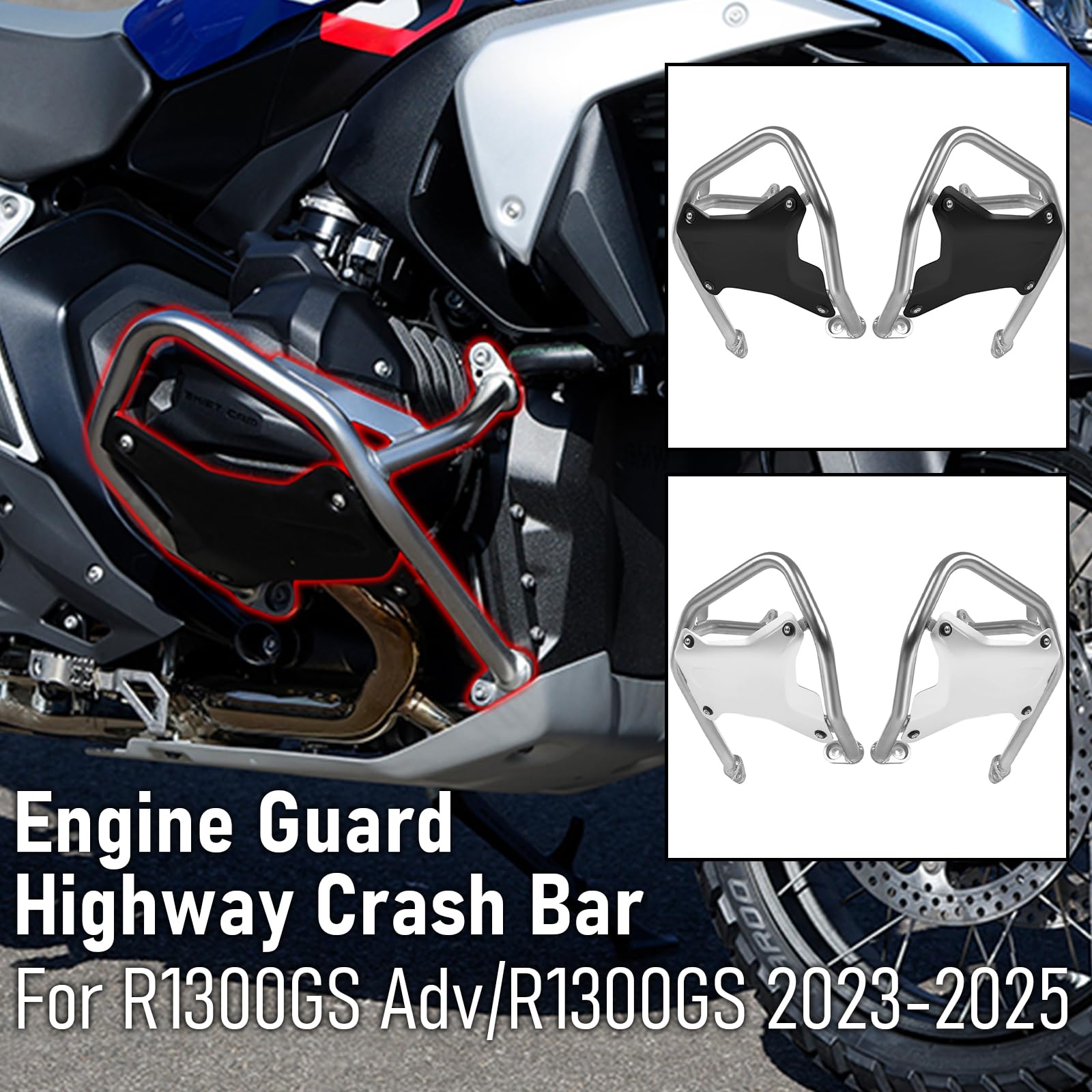 Barra de protección del motor de la motocicleta compatible con BMW R1300GS / R1300GS Adventure (2023-2025) R1300GS ADV R1300GSA, barra de protección del motor de acero inoxidable (negro)