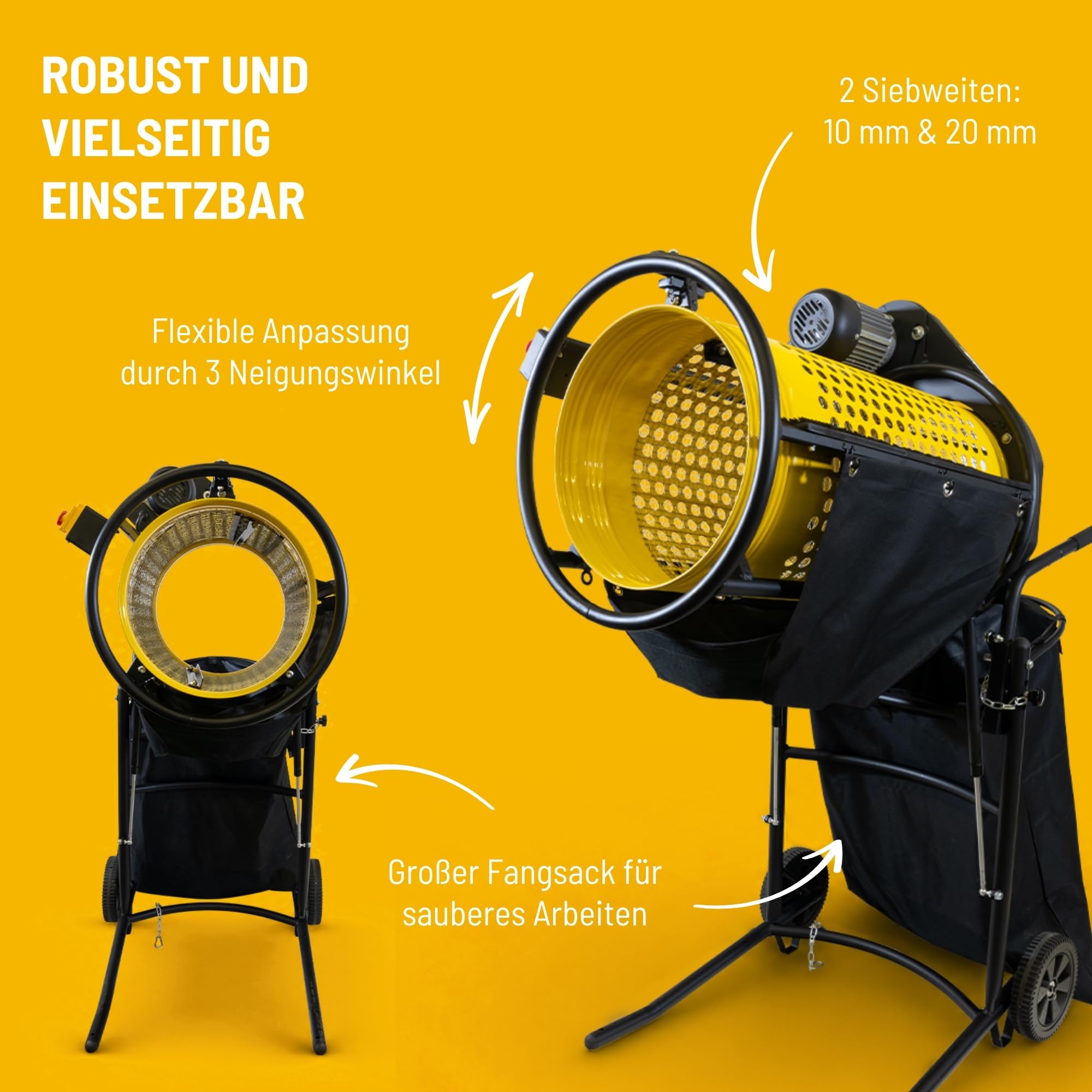 Güde Rollsieb GRS 375, 360 W, Siebtrommel Ø 375 mm, Modell 94414 | Zum Sieben von Kompost, Erde und Sand, Lochung 10 mm oder 20 mm, Neigungswinkel einstellbar, Transporträder, Fangsack