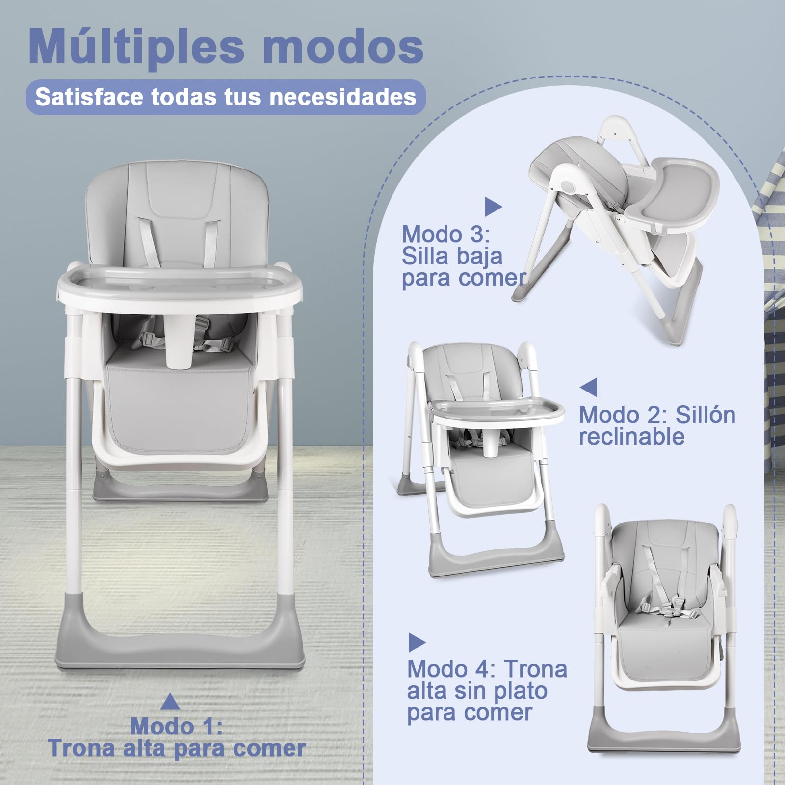 Trona Bebé Evolutiva, Trona para Bebe Ajustable y Reclinable, Plegable con Tabla de Comedor, De 6 a 36 meses, Gris