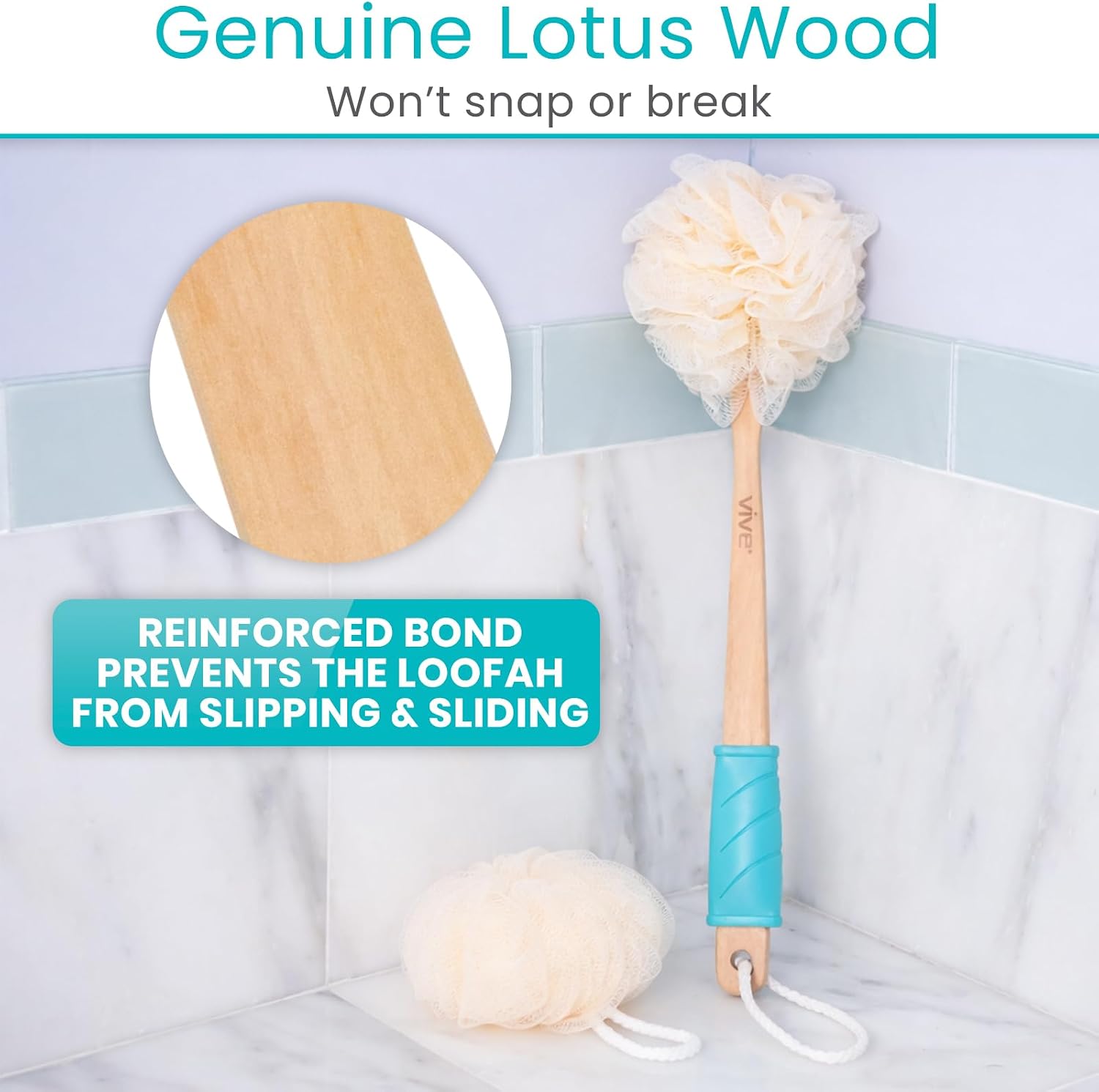 Vive 17” Shower Loofah with Long Handle - Exfoliating Back & Body Scrubber for Men & Women - Luffa Sponge on a Stick for Bathing, Cleaning - Includes Extra Handheld Lufa, Hook & String to Hang on Wall