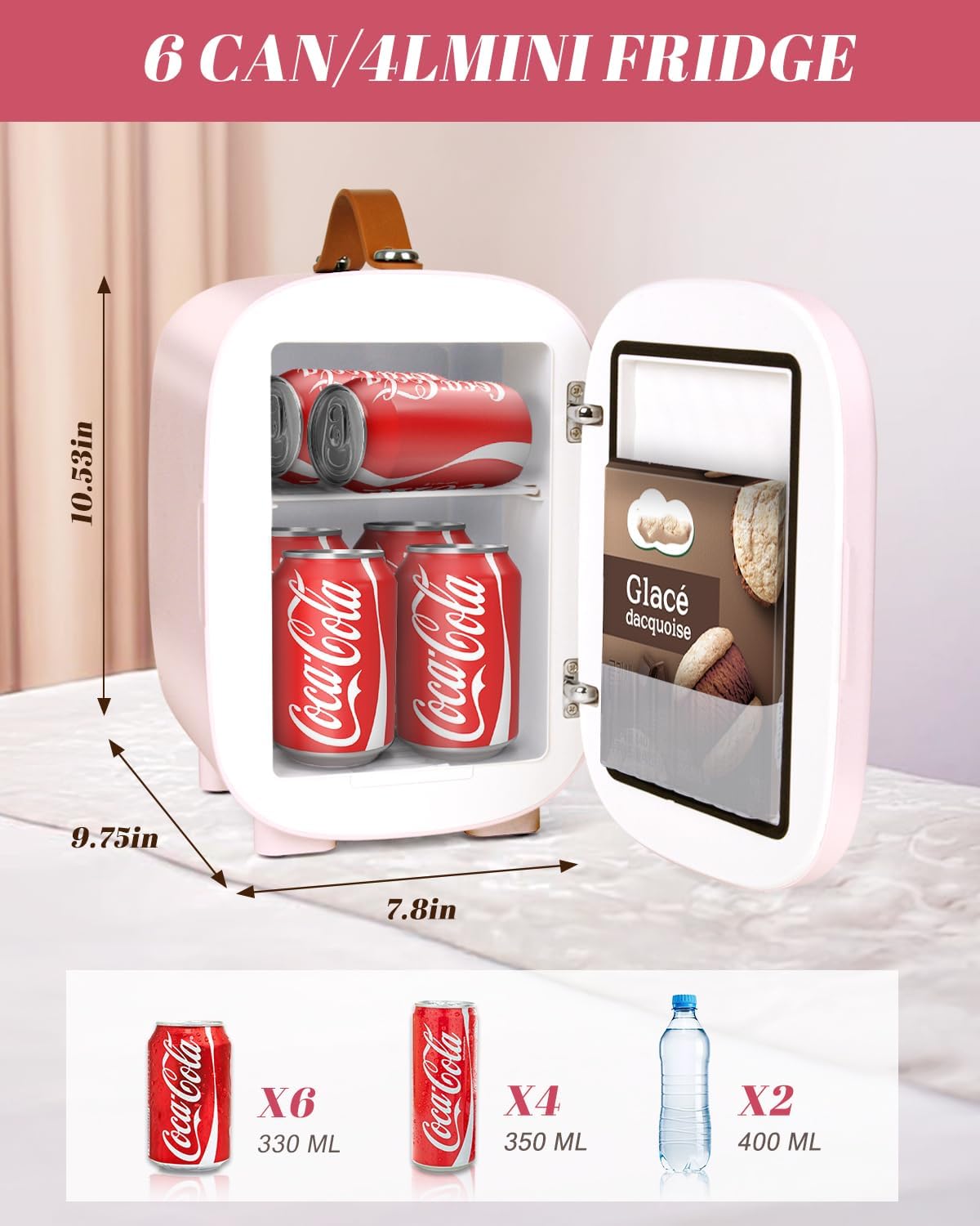 Mini Fridge for Bedroom, 4 Liter/6 Can Skincare Fridge With LED Mirror,12v AC/DC Cooler & Warmer Portable Small Refrigerator for Drinks, Makeup, Dorm, Office and Car(Pink)