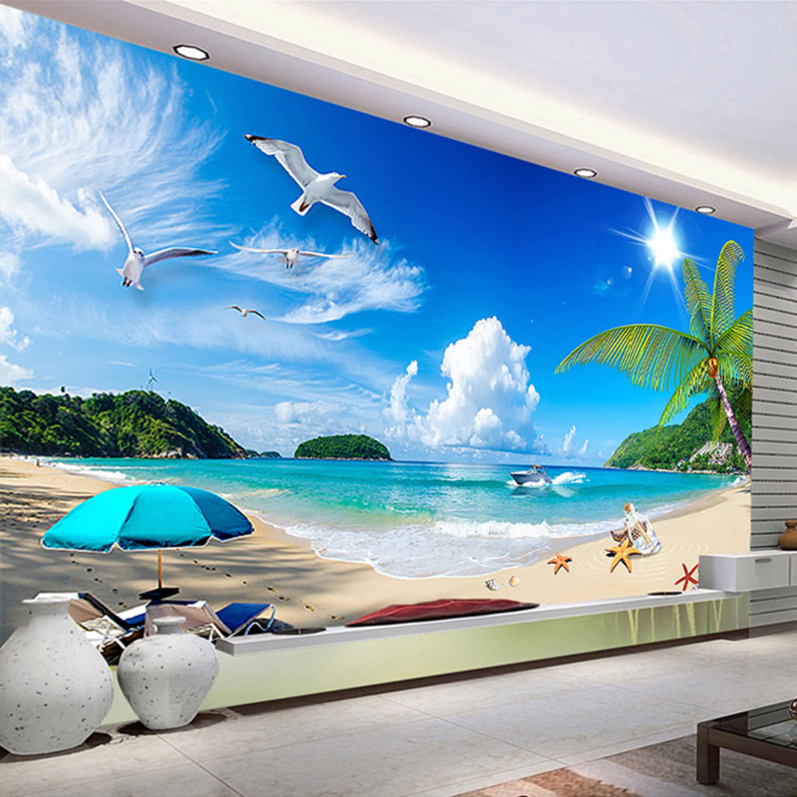 Papier peint bleu ciel île pour rénover facilement un mur abîmé de salon