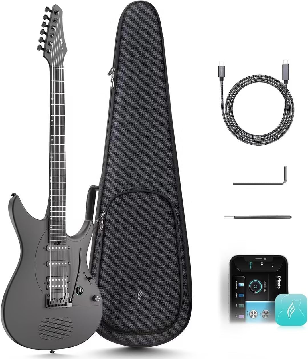 Electric Guitar Inspire 39″ Smart Electric Carbon Fiber Guitarra with 15W Wireless Speaker, 20 Distinct Tones, Onboard Presets, Charging Cable, Adjusting Wrench, and Gig Bag