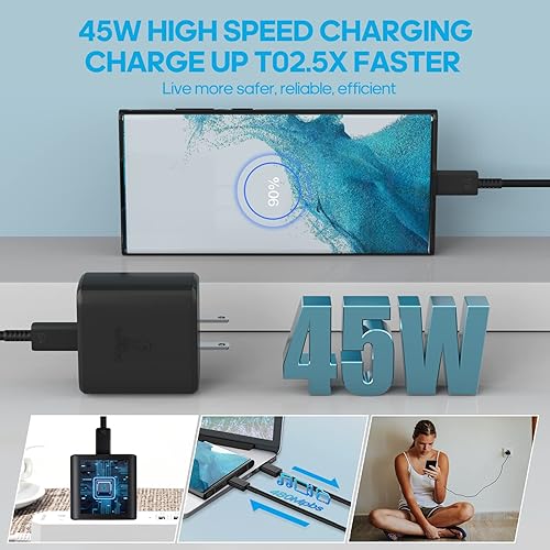 Miniatura 6 de Samsung - Cargador de pared USB C de 45 W, cable tipo C de 10 pies 2 unidades para Samsung Galaxy S23 Ultra Cargador de carga rápidaS22