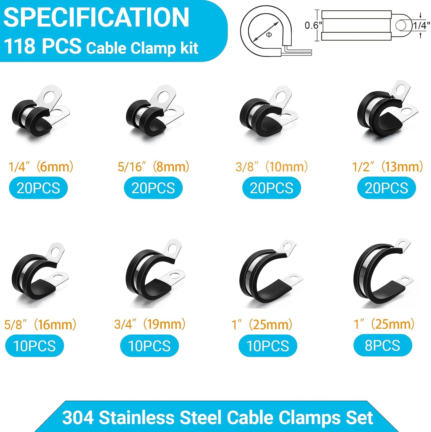 118PCS 1/4" to 1" 304 Stainless Steel Cable Clamps Set,Pipe Clamps,Rubber Coated P Clamps,Automotive Cable Wire Clamps,Metal Clamp for Tube,Lines,Wire Cord Installation