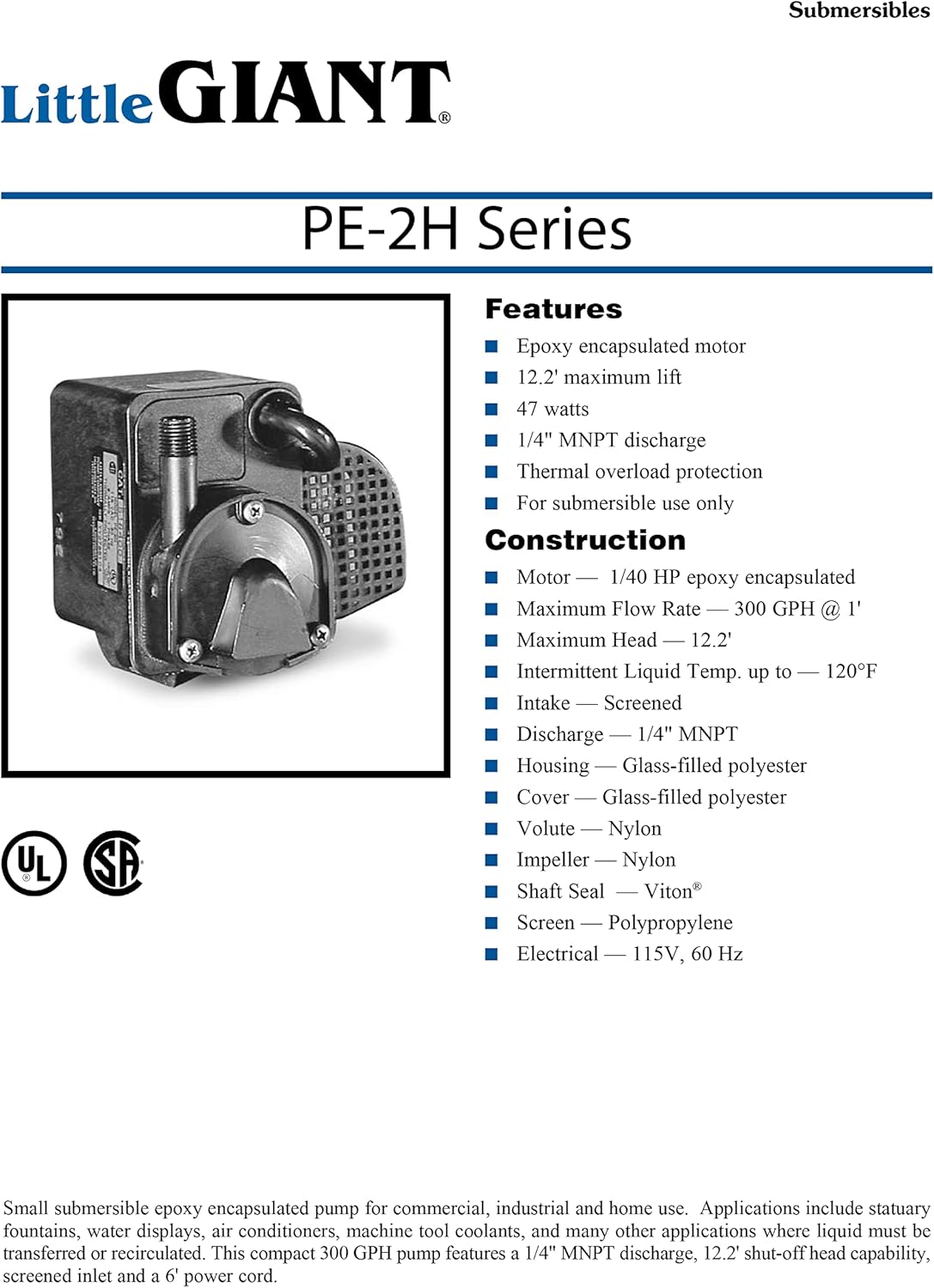 Authentic Crazy Deals Little Giant 518400 Epoxy Encapsulated Pump, Small Submersible Pump, 1/40 HP 300 GPH 115 V