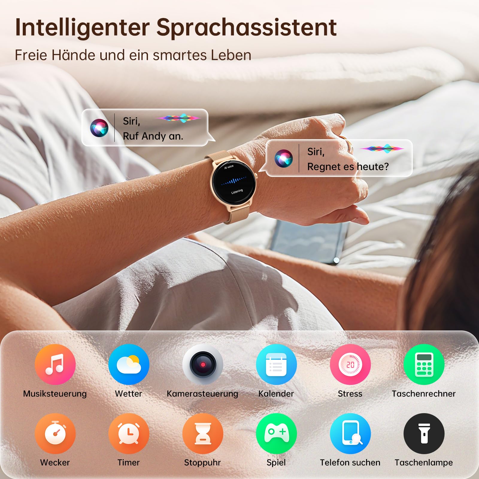 Smartwatch Damen Rund 1.27" AMOLED Smart Watch mit Telefonfunktion Fitnessuhr Pulsuhr SpO2 Schlafmonitor Schrittzähler 120+ Sportmodi IP68 Wasserdicht für iOS Android