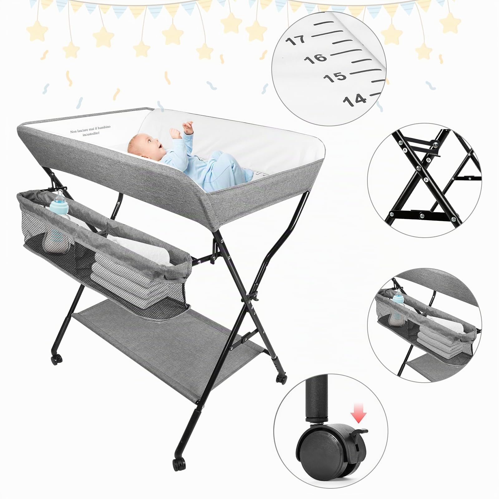 OHMG Fasciatoio Pieghevole Fasciatoio Portatile con Cintura di Sicurezza e Scomparti Portaoggetti,Tavolo Cambio Pannolini Multifunzionale Portatile per Bagnetto Neonati,4 ruotes