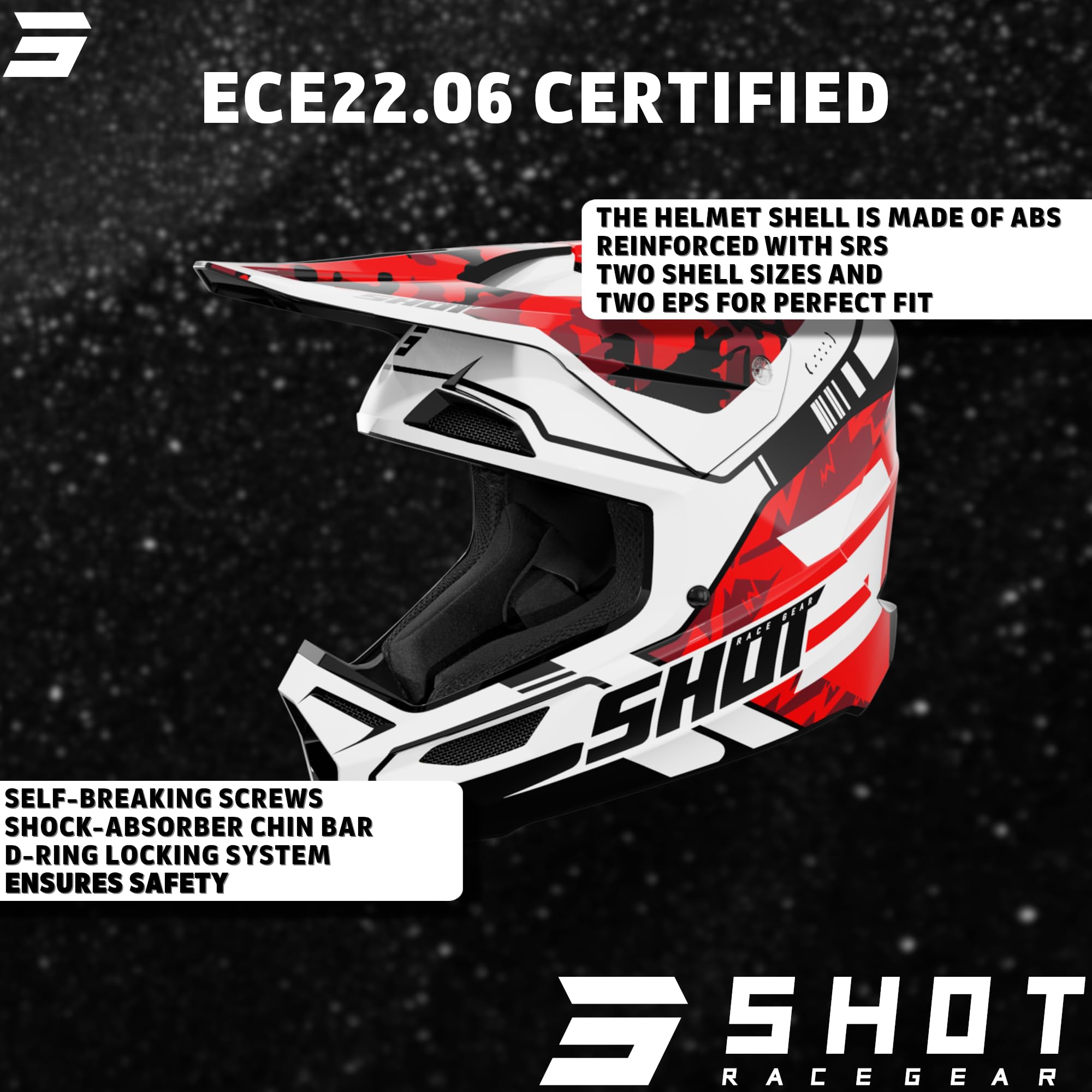Shot Race Gear Kask motocrossowy certyfikowany ECE 22.06 – Kask crossowy z wzmocnionej skorupy SRS – 16 otworów dla efektywnego systemu wentylacji – Wyciągana wyściółka, z możliwością prania