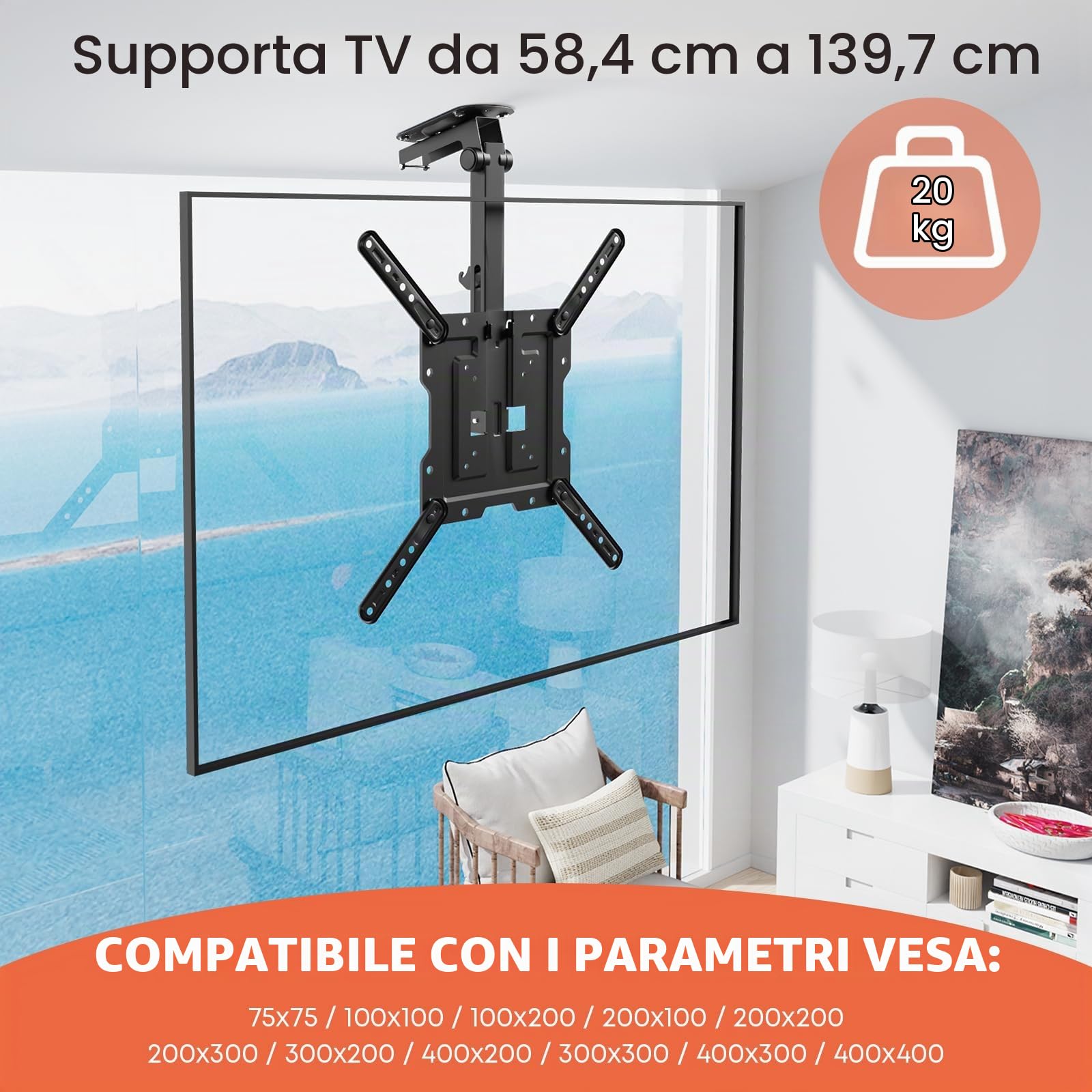 PUTORSEN 23-55 pollici Supporto TV soffitto, Girevole Ripiegabile Supporto TV da Soffitto per Soffitto Piano Inclinato, Porta TV Fino a 20kg con Max VESA 400x400mm,Nero