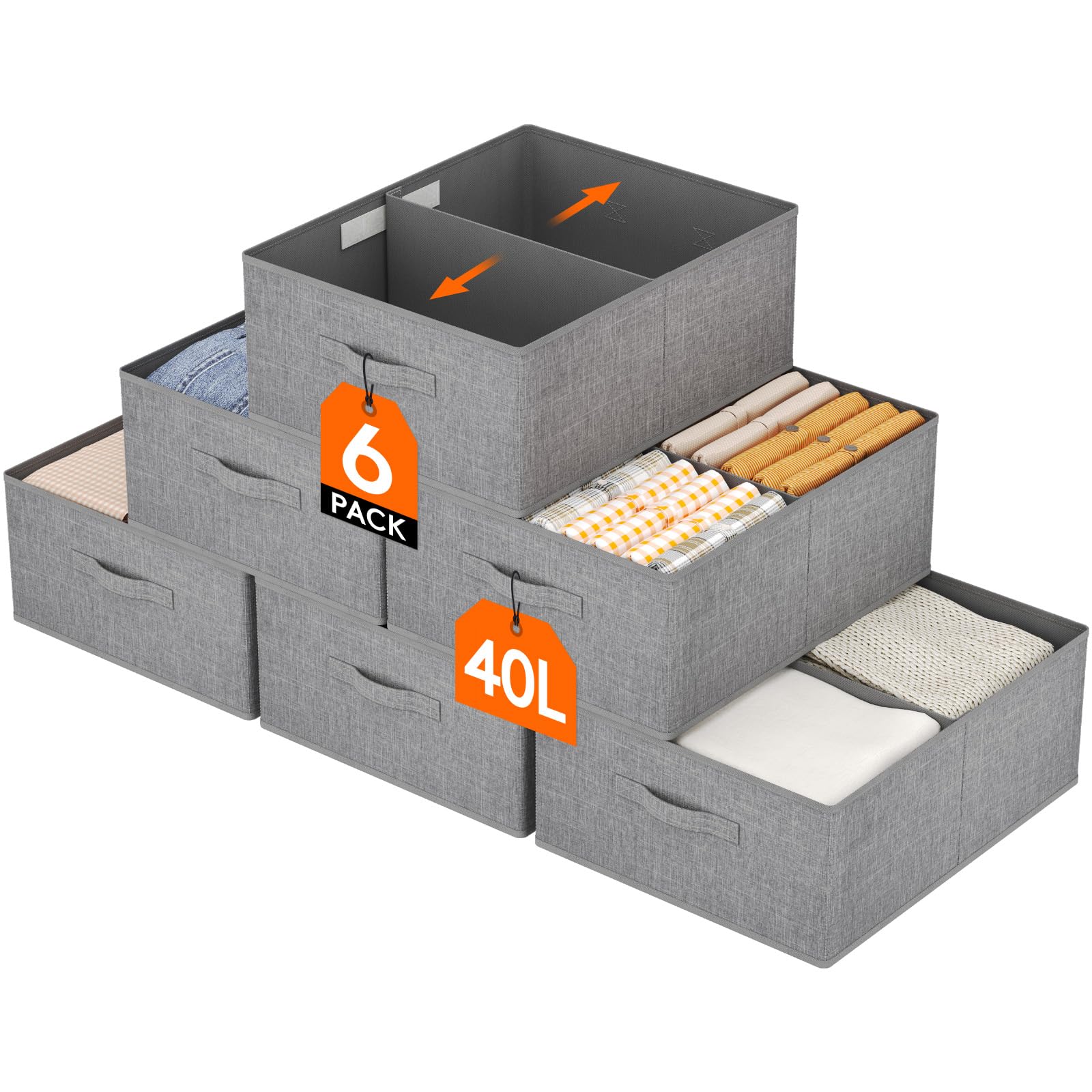 Lifewit Boite Rangement Vetement, Rangement Armoire Placard Pliable, Organisateur Tiroir Vetement avec Cloison Amovible, Rangement Dressing, Casier de Rangement, 40L (50 x 40 x 20 cm), Lot de 6