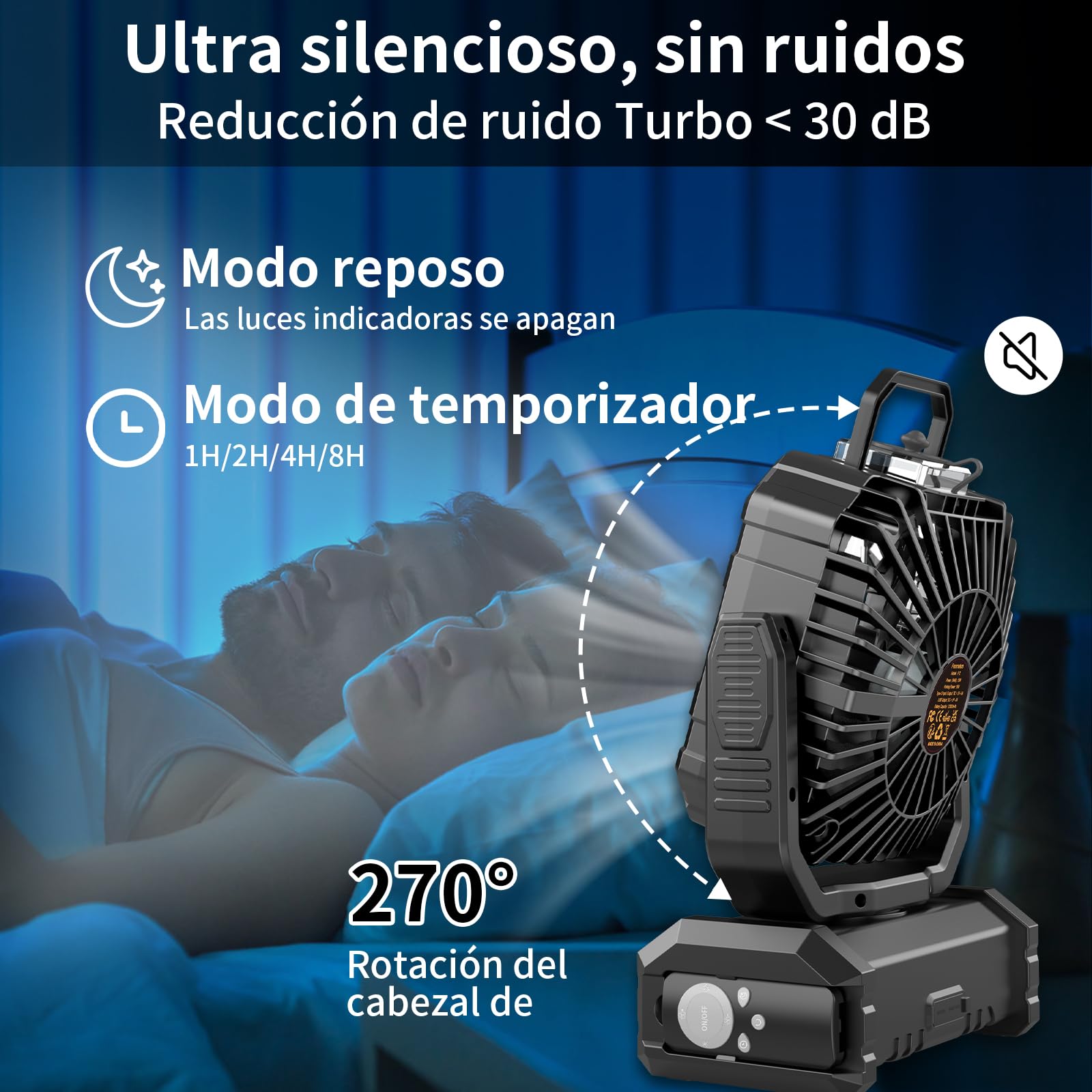 Ventilador Camping Recargable de LED: 20000mAh Ventilador Portátil USB Silencioso con Nebulizador, Oscilación Ventilador Batería para Tienda, Caravana, Supervivencia, Oficina, Exterior - Negro