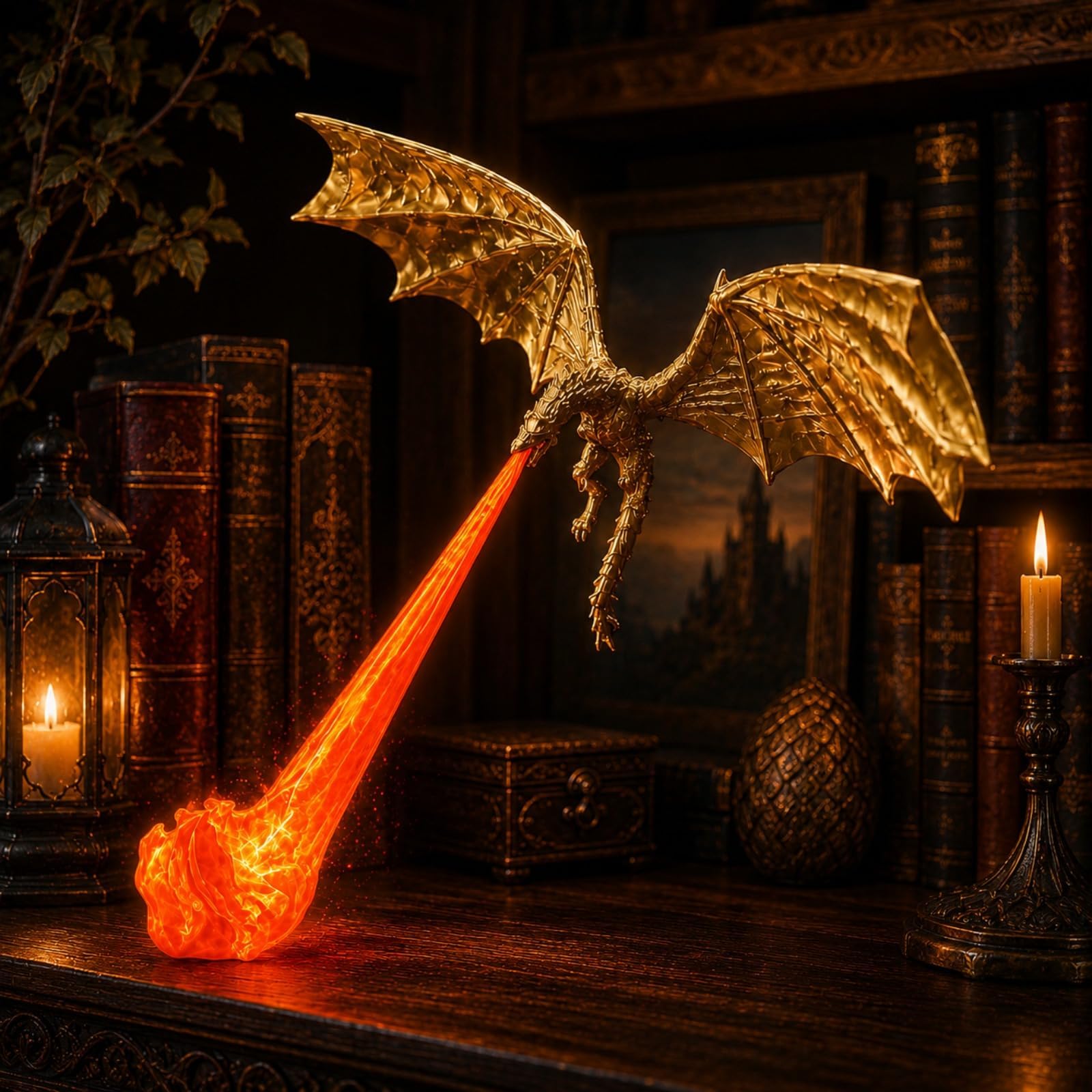 Dragon Bookshelf Nook Light 3D Printed with Flame Glow，Gold Dragon with Red Flame：Small