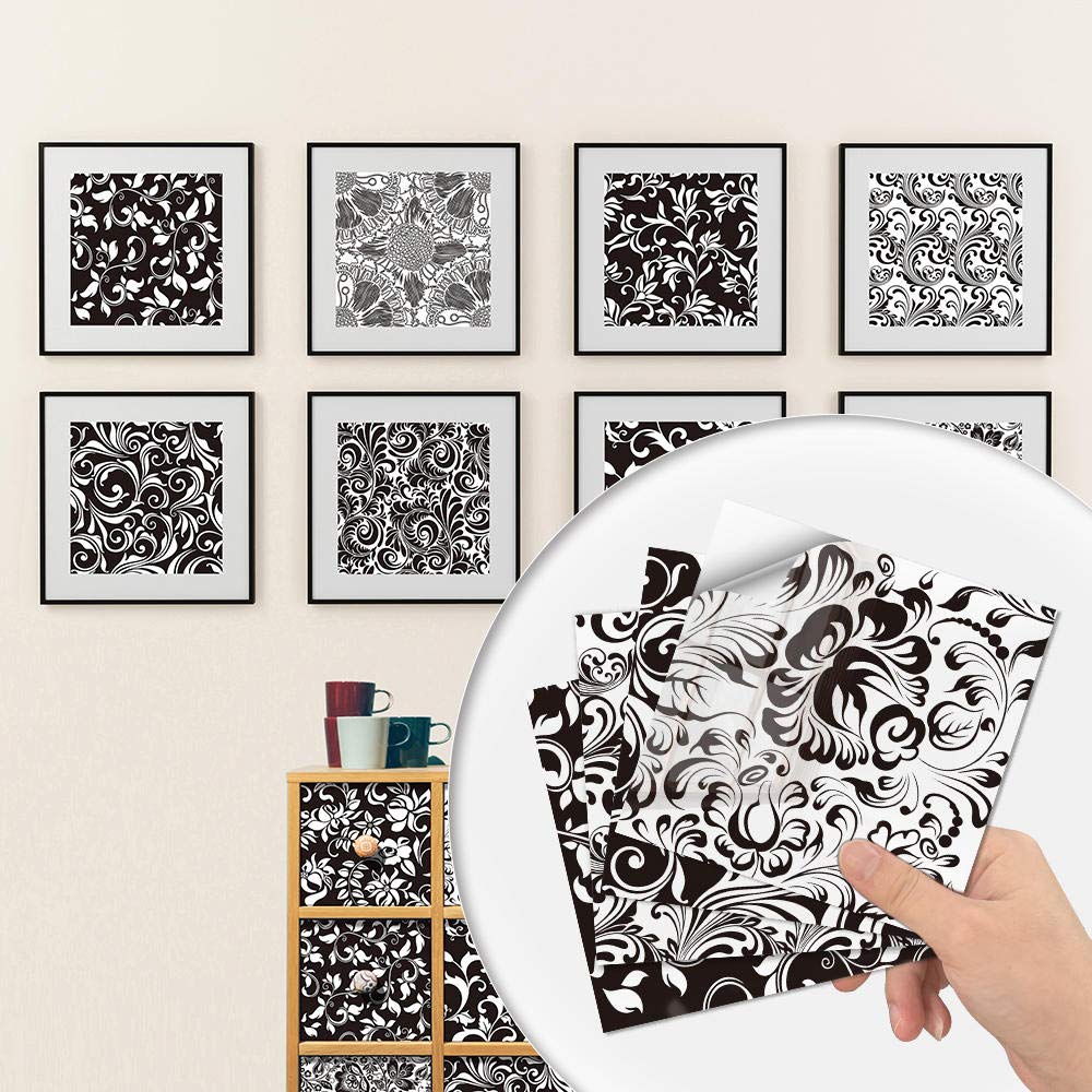 LMYSXAOZ Tile Stickers Black White Flower Stick on Tiles PVC for Kitchen Heat Resistant Bathroom Waterproof Self Adhesive Walls Peel and Wallpaper 15x15cm