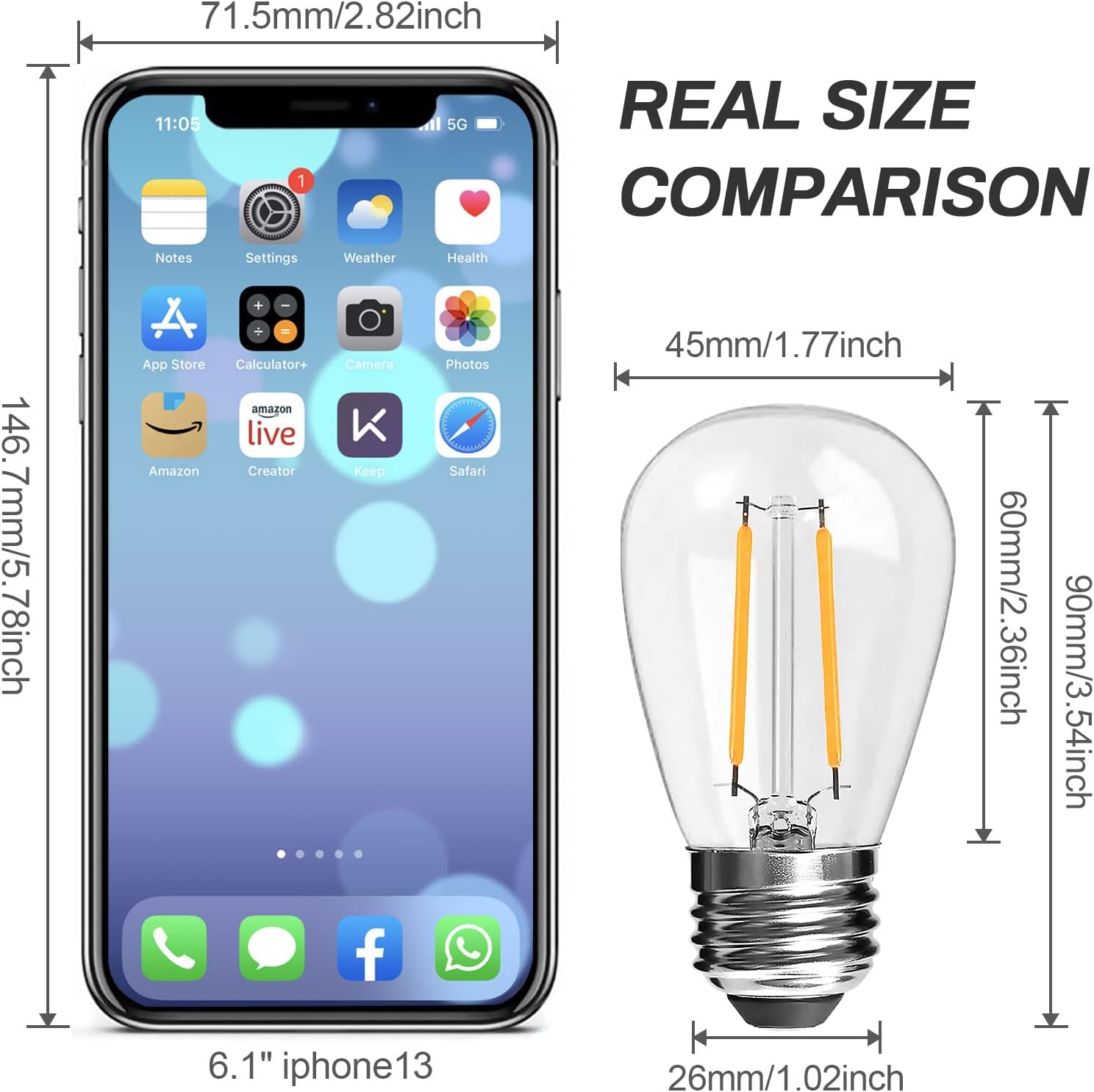 BRIMAX 2W S14 LED Edison Light Bulbs for Outdoor String Light Replacement, E26 Medium Screw Base, Non Dimmable, 2200K Warm White, 2Watt to Replace 11w/20w/25w Incandescent Bulb, 6Pack