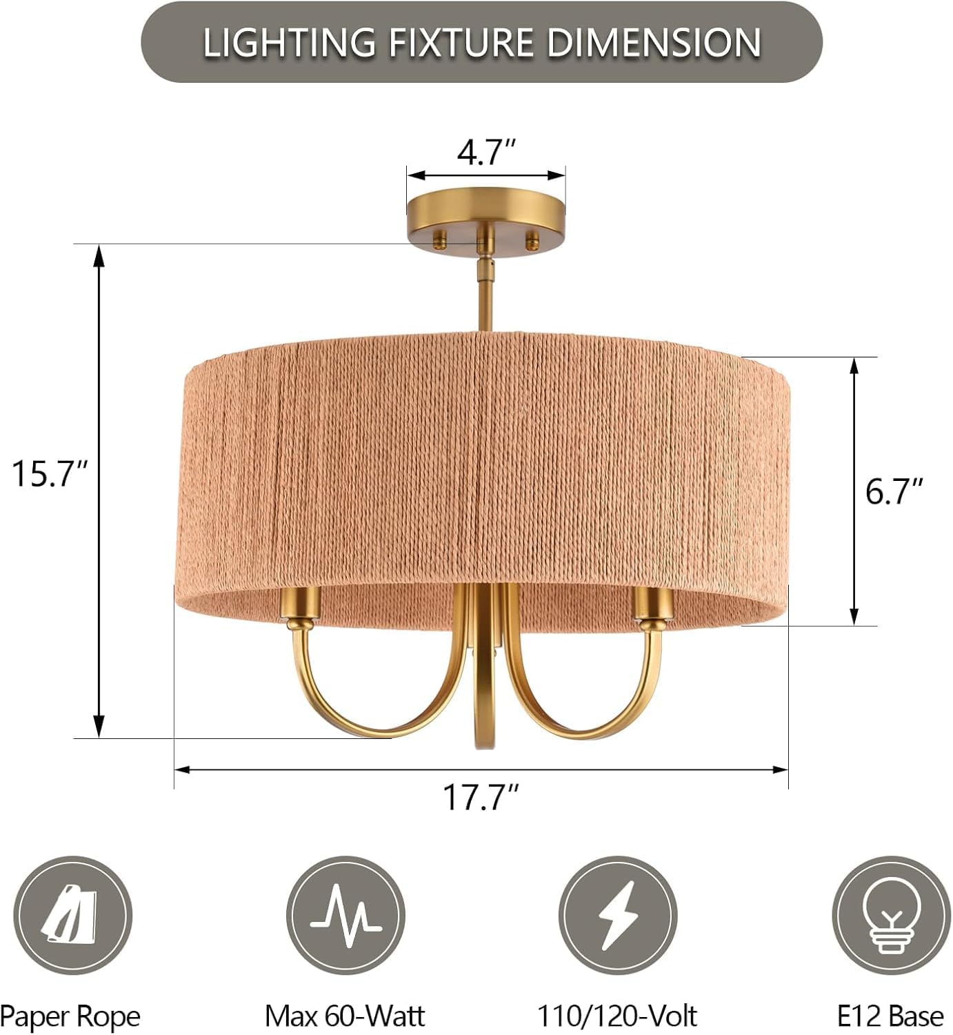 Maxax 17.5" Boho Ceiling Light Fixture, Rattan Semi Flush Mount Chandelier with 3 Light Gold Base, Wood-Tone Wicker Lampshade, 60W