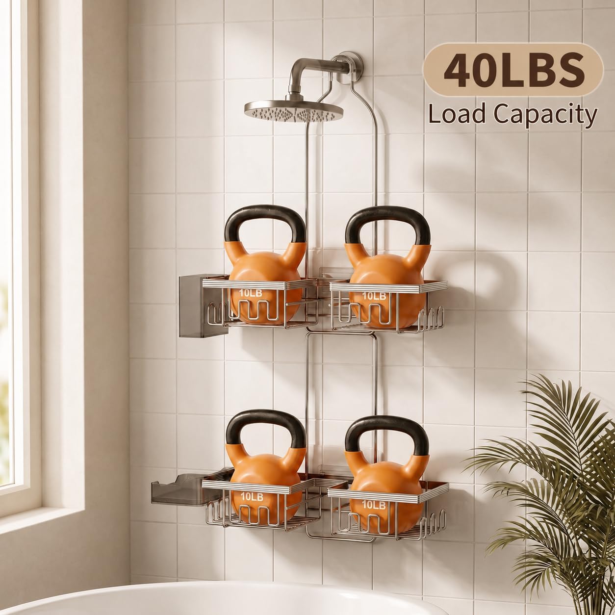 Adjustable Shower Caddy Hanging for Handheld Showerheads, Rustproof, Silver | Anti-Swing, Split Design, Shower Organizer with Hooks, Soap Holder and Toothbrush Holder, No-Drill Bathroom Storage