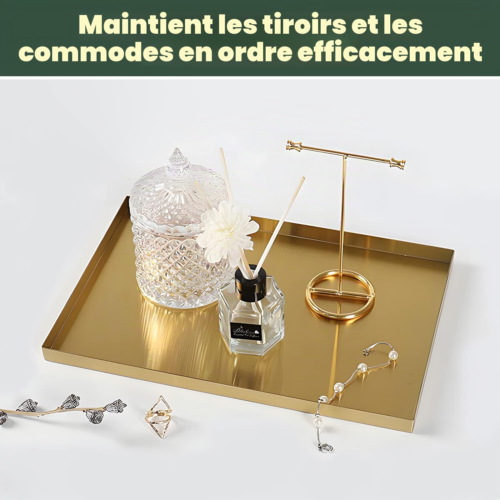 Plateau de Rangement Décoratif en Acier Inoxydable, Plateau Salle de Bain en Métal Rectangle Doré, Vaisselle de Cuisine pour Bijoux, Maquillage, Articles de Toilette, 30 x 20 cm