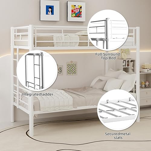 Miniatura 14 de GNIXUU Literas de tamaño individual sobre matrimonial, marco de literas bajas de metal resistente con barandilla de seguridad y escalera para