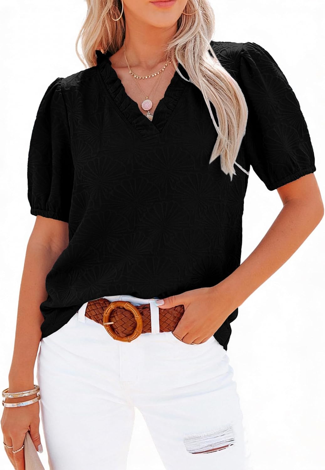 DOKOTOO Women's Casual V Neck Short Sleeve Textured Tops Lettuce Trim T Shirts Tee Blouses