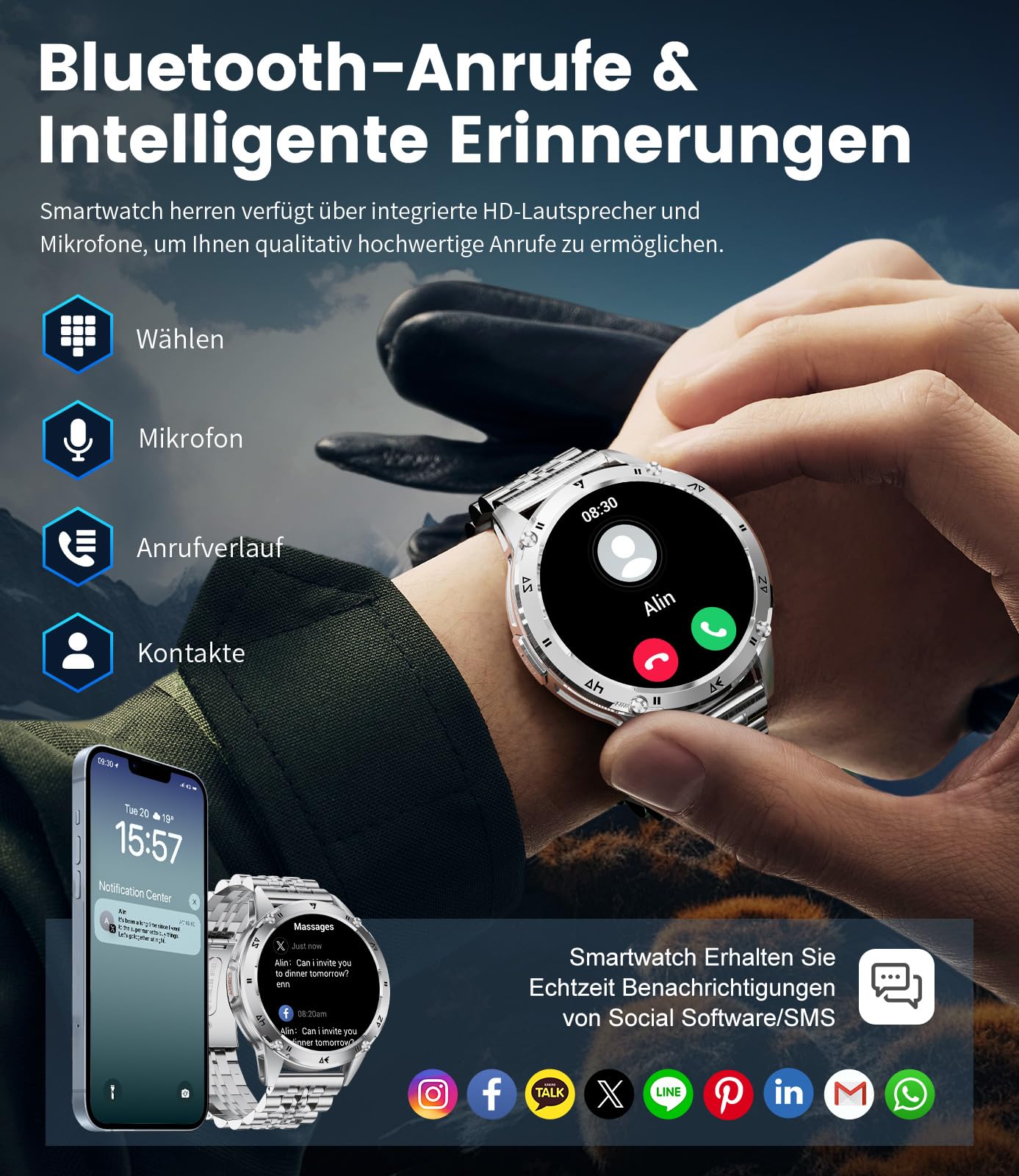 LIGE Smartwatch Uomo Militare, 1.43'' AMOLED Orologio Smartwatch Uomo con Torcia LED, 530mAh, IP68 Impermeabile, 120+ Modalità Sportive, Cardiofrequenzimetro Sonno Contapassi per Android iOS