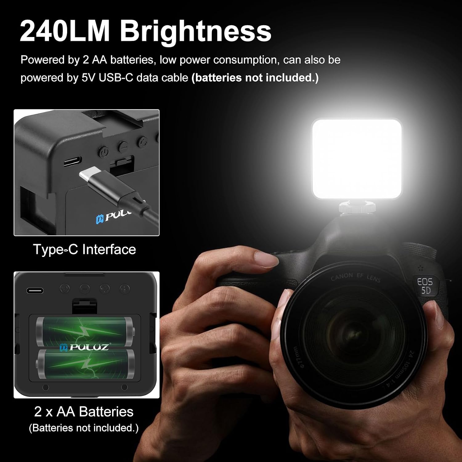 PULUZ 100 LED Video Light, 5W 3-Color Temperature Dimmable (2900K-6500K) Camera Fill Light with Cold Shoe Mount USB-C/AA Battery Powered for DSLR Camcorder Vlogging Macro Photography