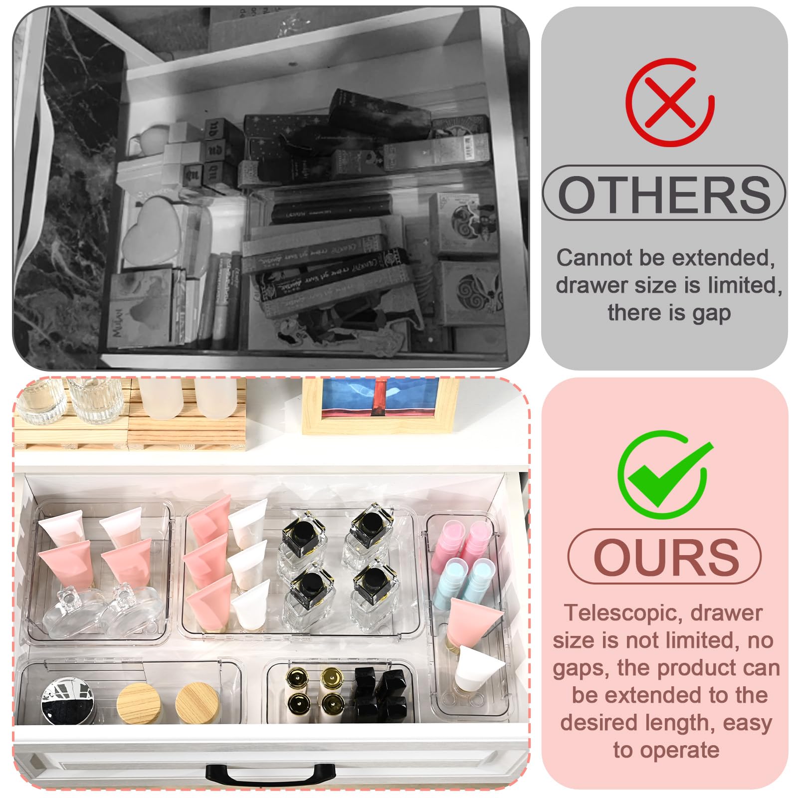 15 organizer trasparenti per cassetti, regolabili, organizer per cassetti da scrivania, bidoni in acrilico per trucchi, cosmetici, gioielli