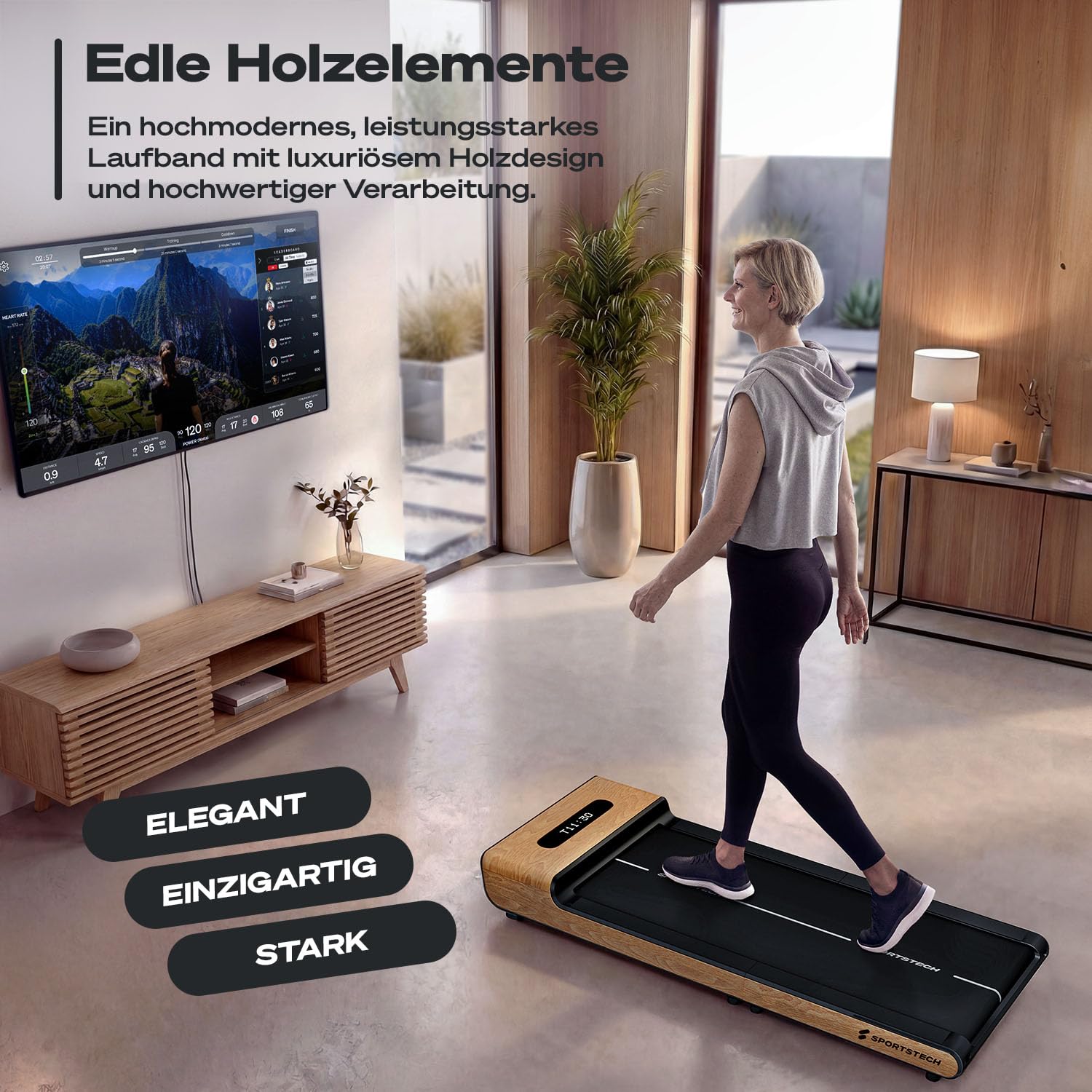 Sportstech Walking Pad Echtholz, 150kg, klappbar fürs Büro, 8 km/h, App | Fürs Home Office, Schrittzähler, unter dem Schreibtisch, kompakt, LED-Display, Bluetooth, gelenkschonend, WoodPad Pro