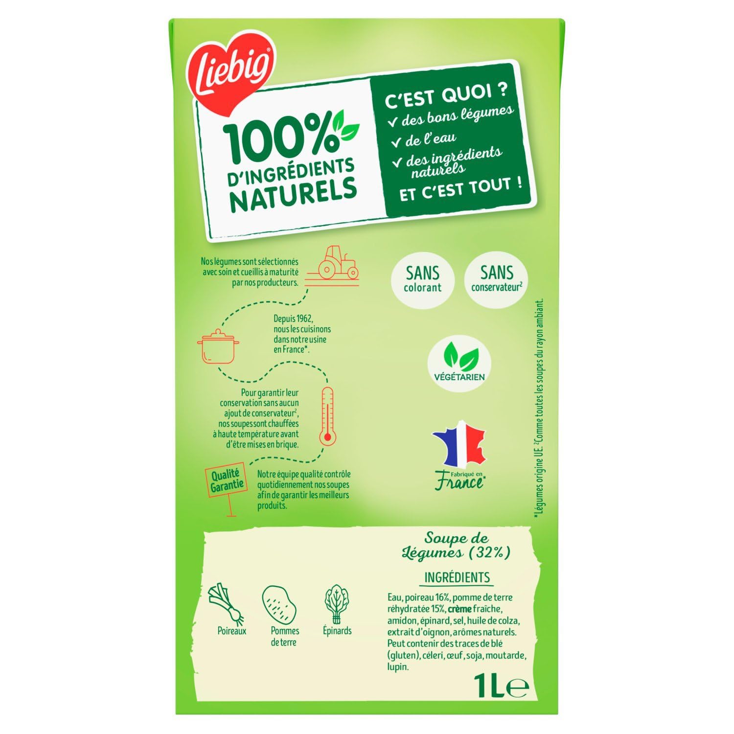 LIEBIG - Soupe Velouté Poireaux Pommes de Terre Épinard et Crème Fraîche - la brique de 1L - Le Lot De 4