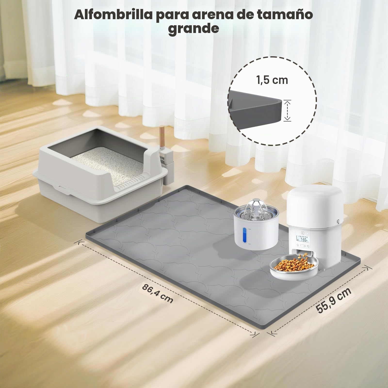 Alfombrilla Arena Gatos, Alfombrilla de Silicona Para Recoger Arena Para Gatos, Fácil de Limpiar Para Control de Derrames, Suave Para Patas de Gato (Plata, L 86 * 56cm)