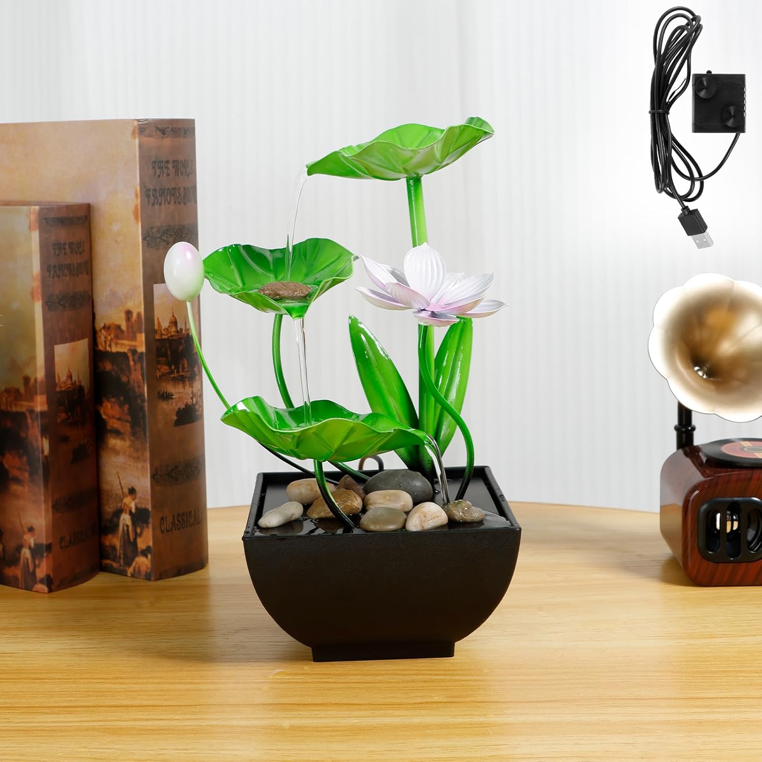 Water Lily Tabletop Fountain with Natural Stone USB Charging Desk Fountain with Built in Pump 3 Tiers Green Leaf Waterfall Fountain Decor for Home Office (Style 1)