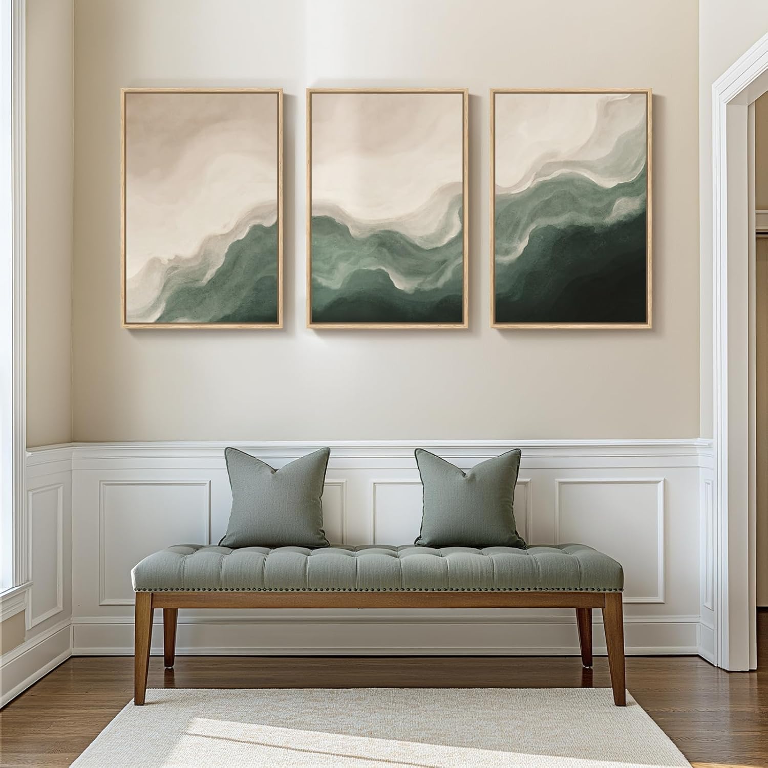 lianyibo Large Minimalist Green and Beige Abstract Wall Art Modern Neutral Canvas Prints Paintings Living Room Bedroom Decor(40x60cmx3/Inner frame)