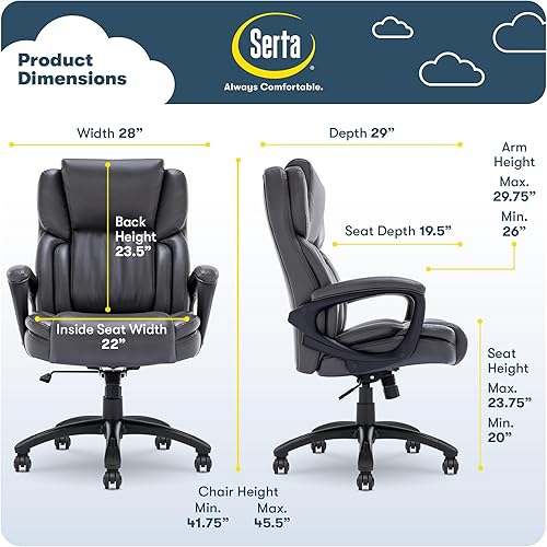 Miniatura 44 de Serta Silla de computadora ergonómica ajustable para oficina ejecutiva con almohadas corporales en capas, borde de asiento de cascada, cuero Blanco