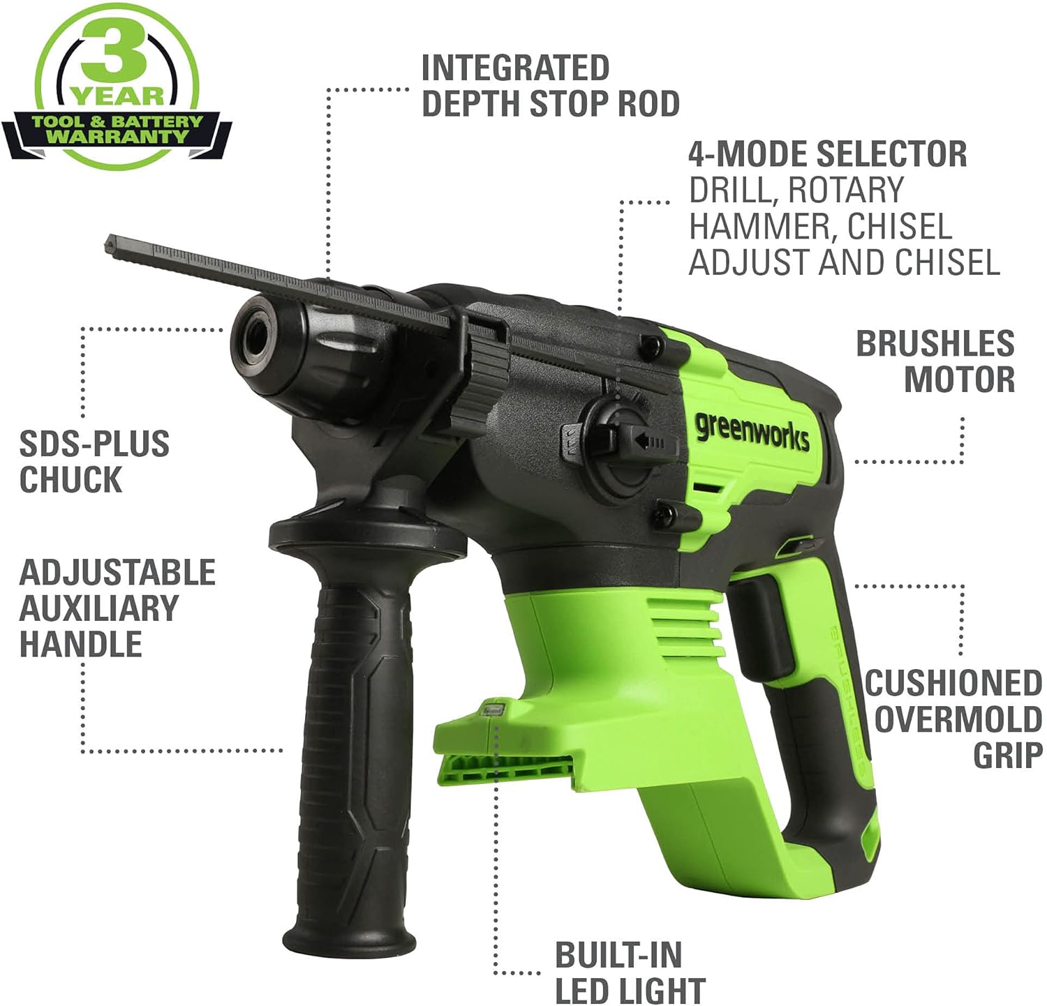 Promo 40% OFF Greenworks 24V Brushless Cordless Rotary Hammer, Impact Rate 4500 IPM, Impact Energy 2.1 Joules, SDS-Plus - Bare Tool Best Promo Greenworks 24V Brushless Cordless Rotary Hammer, Impact Rate 4500 IPM, Impact Energy 2.1 Joules, SDS-Plus - Bare Tool