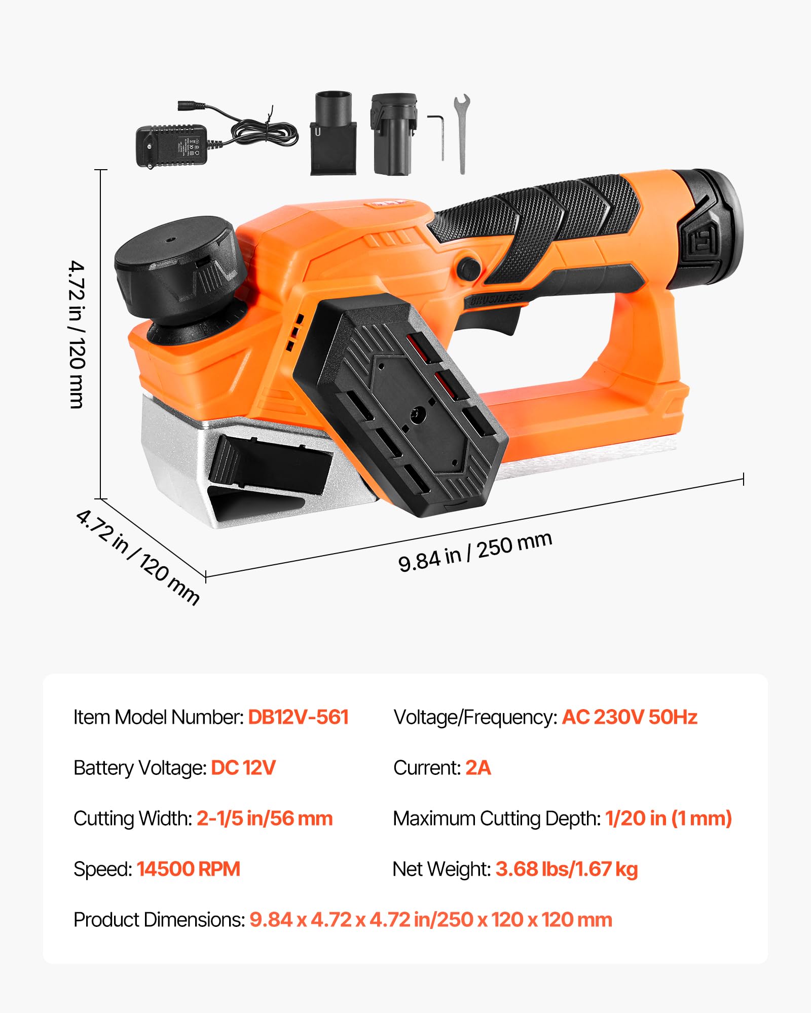 VEVOR Rabot Électrique sans Fil Largeur Coupe 56 mm Raboteuse à Bois à Main 14500 tr/min Batterie Lithium 2 Ah 12 V Moteur sans Balais Profondeur Coupe Réglable 2 Lames pour Travail Chanfreinage Bois